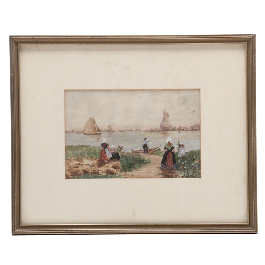 Watercolor Painting of Dutch Scene with Windmill