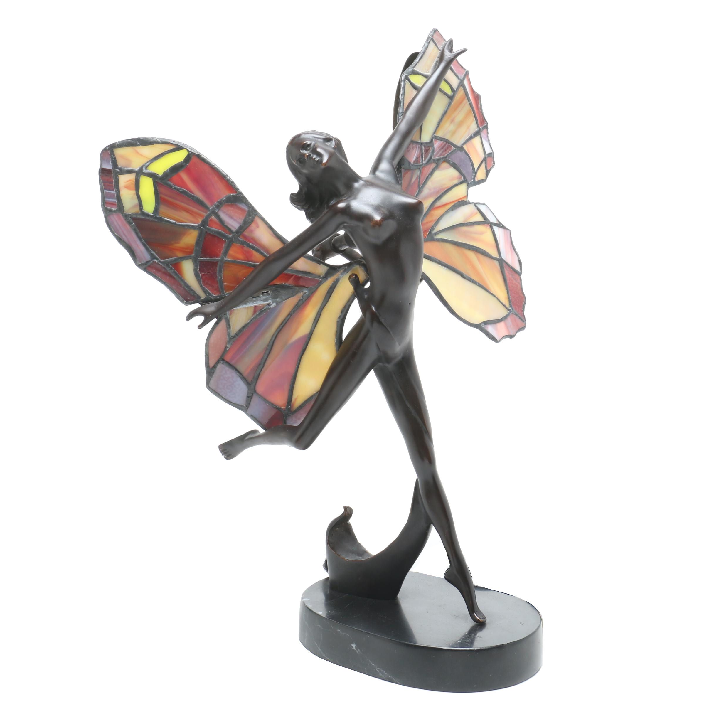 Adolf Art Nouveau Stained Glass Fairy Lamp with Bronze Finish and Marble Base