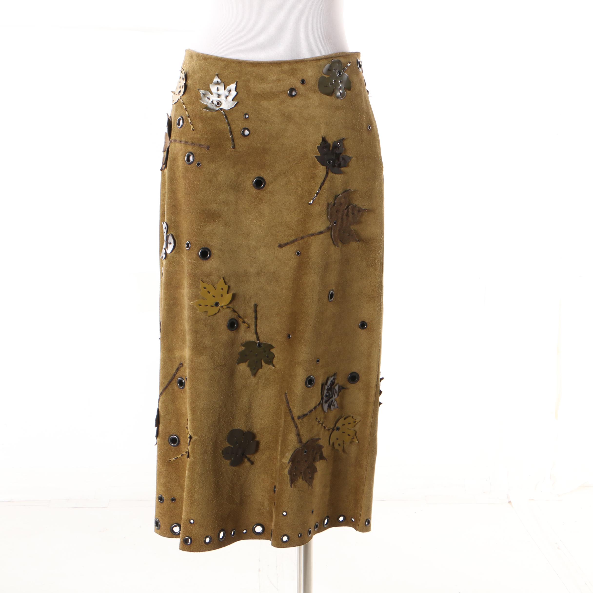 Prada Loden Green Suede Skirt with Grommets and Appliquéd Leather Leaves