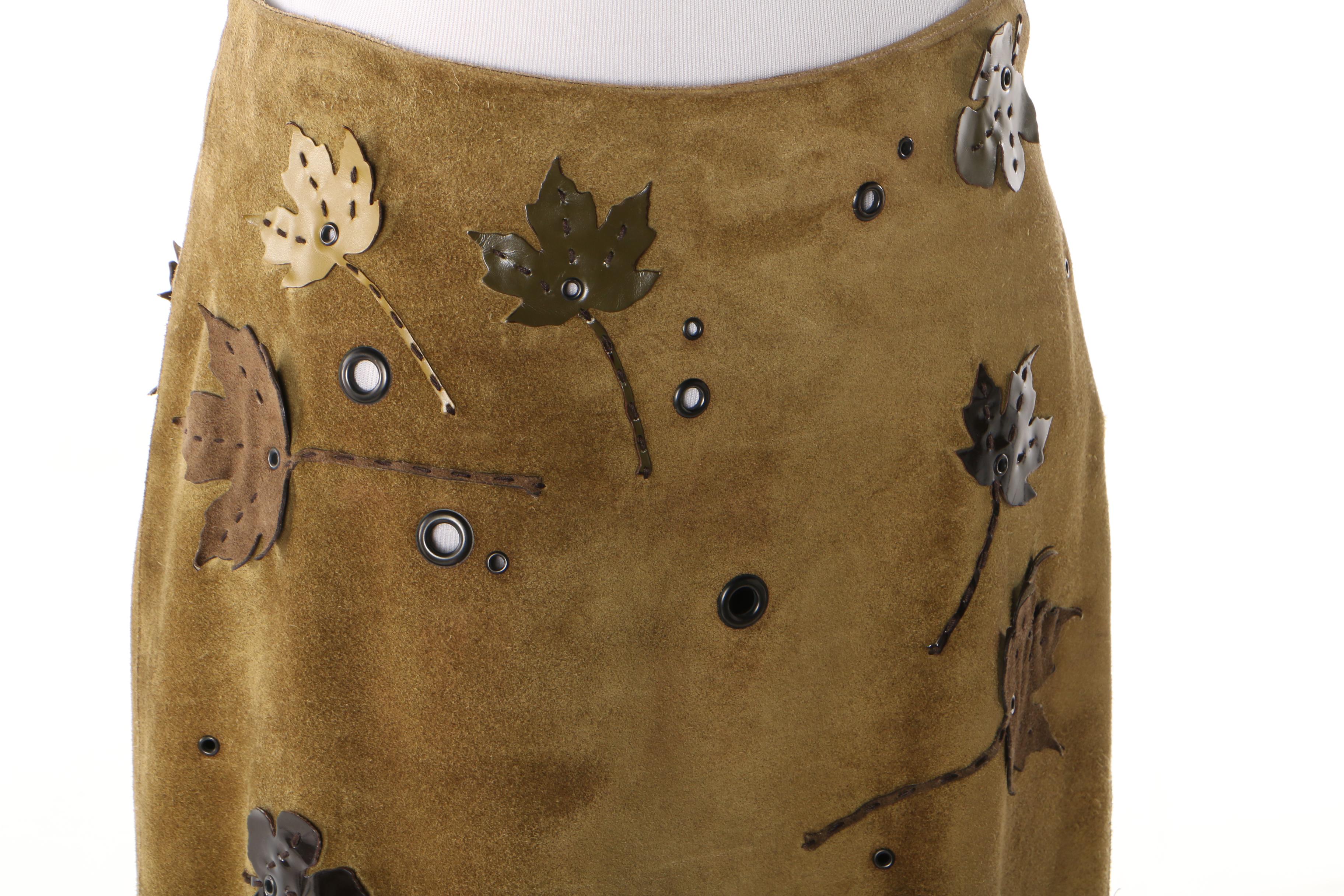 Prada Loden Green Suede Skirt with Grommets and Appliquéd Leather Leaves
