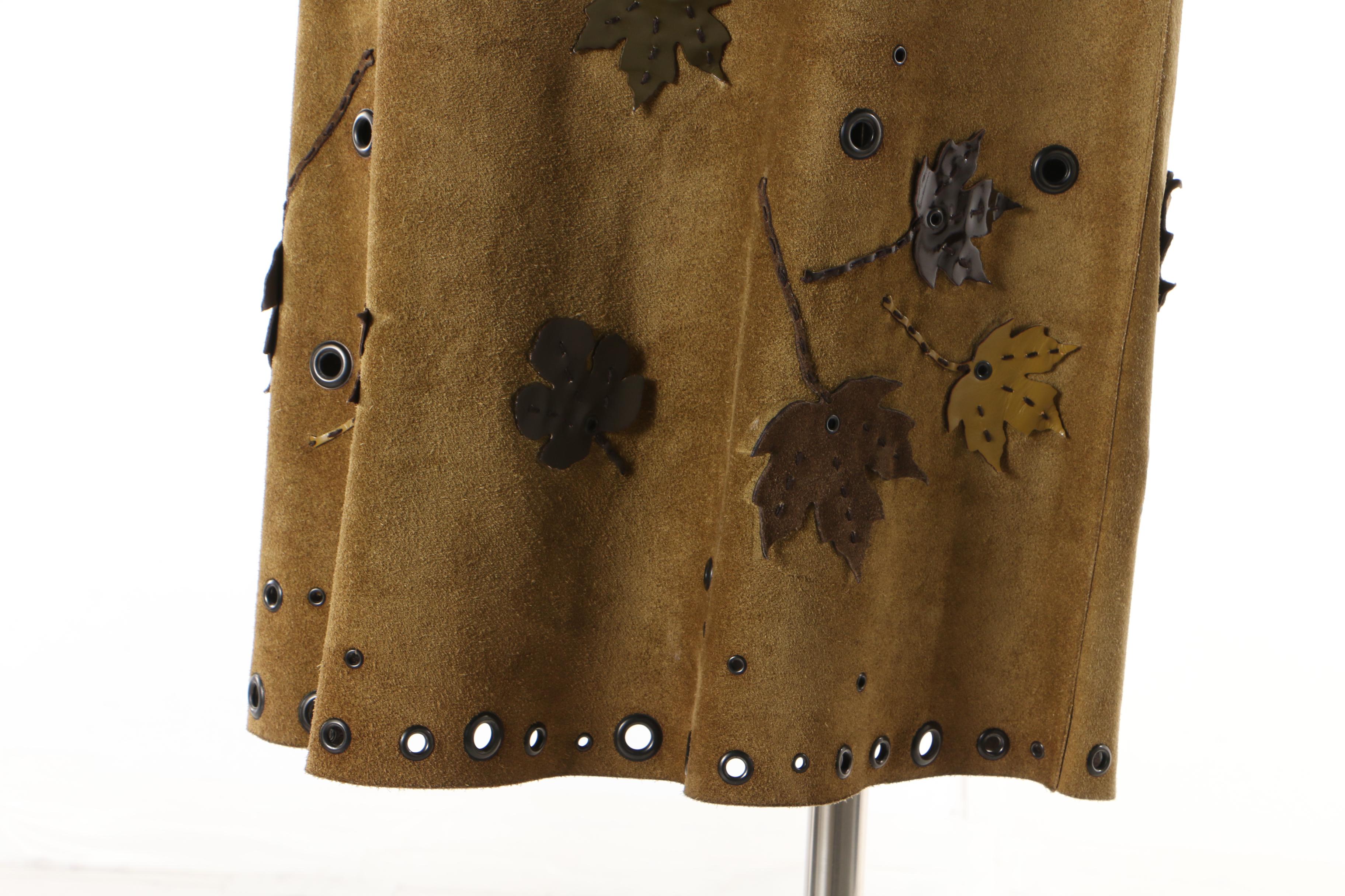 Prada Loden Green Suede Skirt with Grommets and Appliquéd Leather Leaves