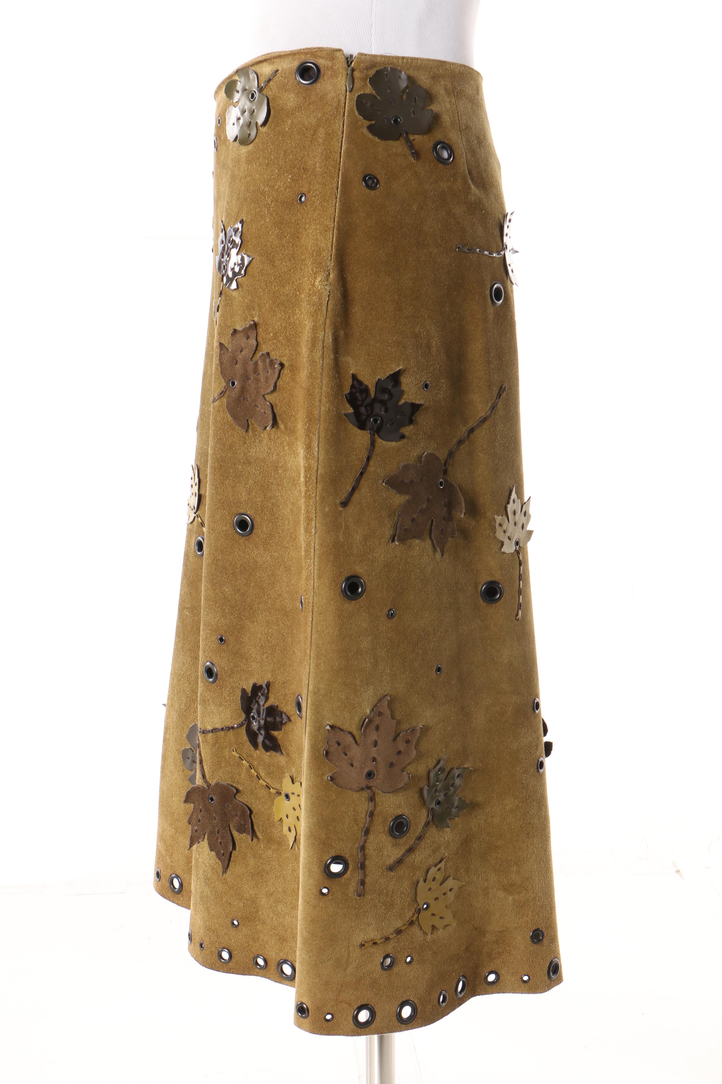 Prada Loden Green Suede Skirt with Grommets and Appliquéd Leather Leaves