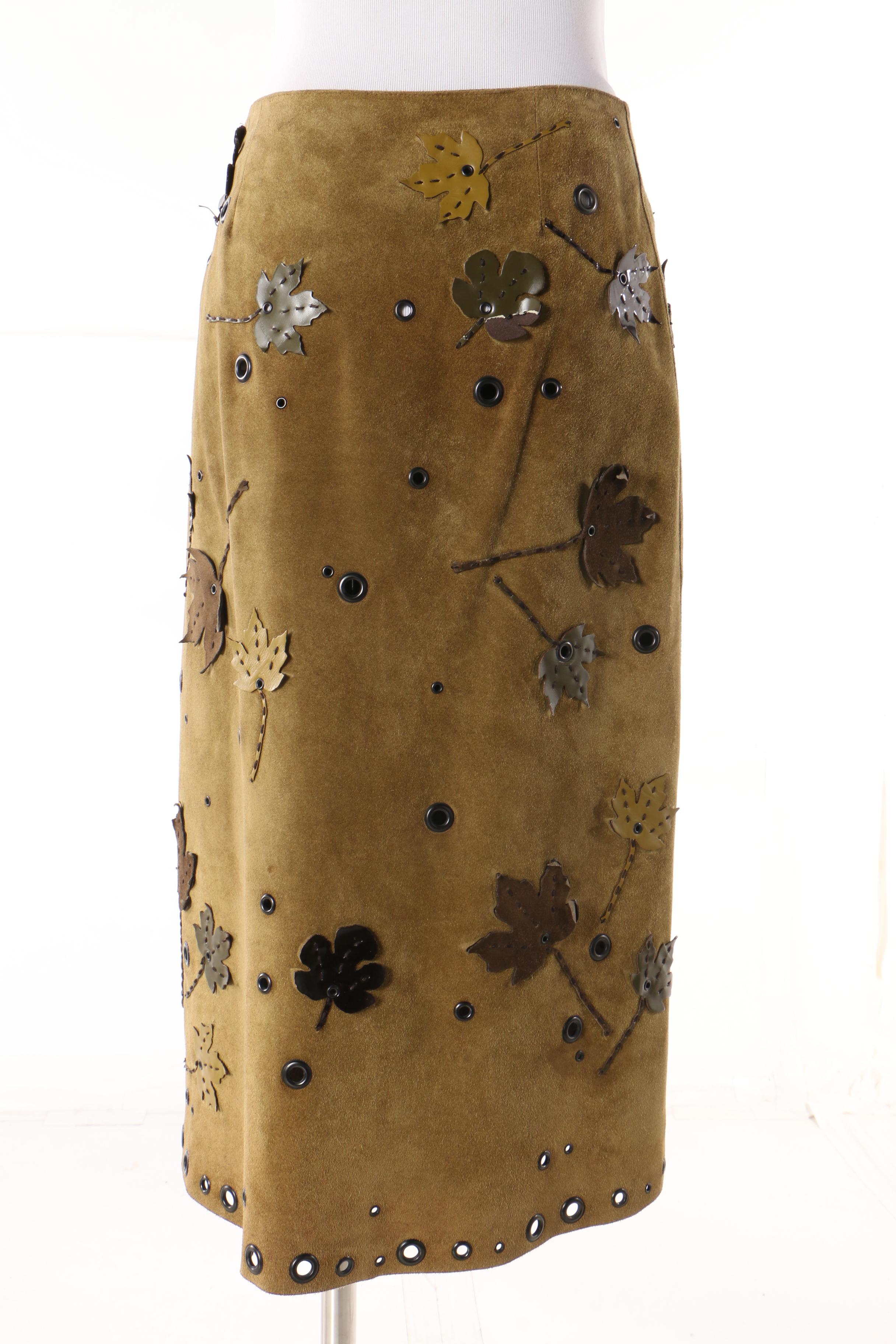 Prada Loden Green Suede Skirt with Grommets and Appliquéd Leather Leaves