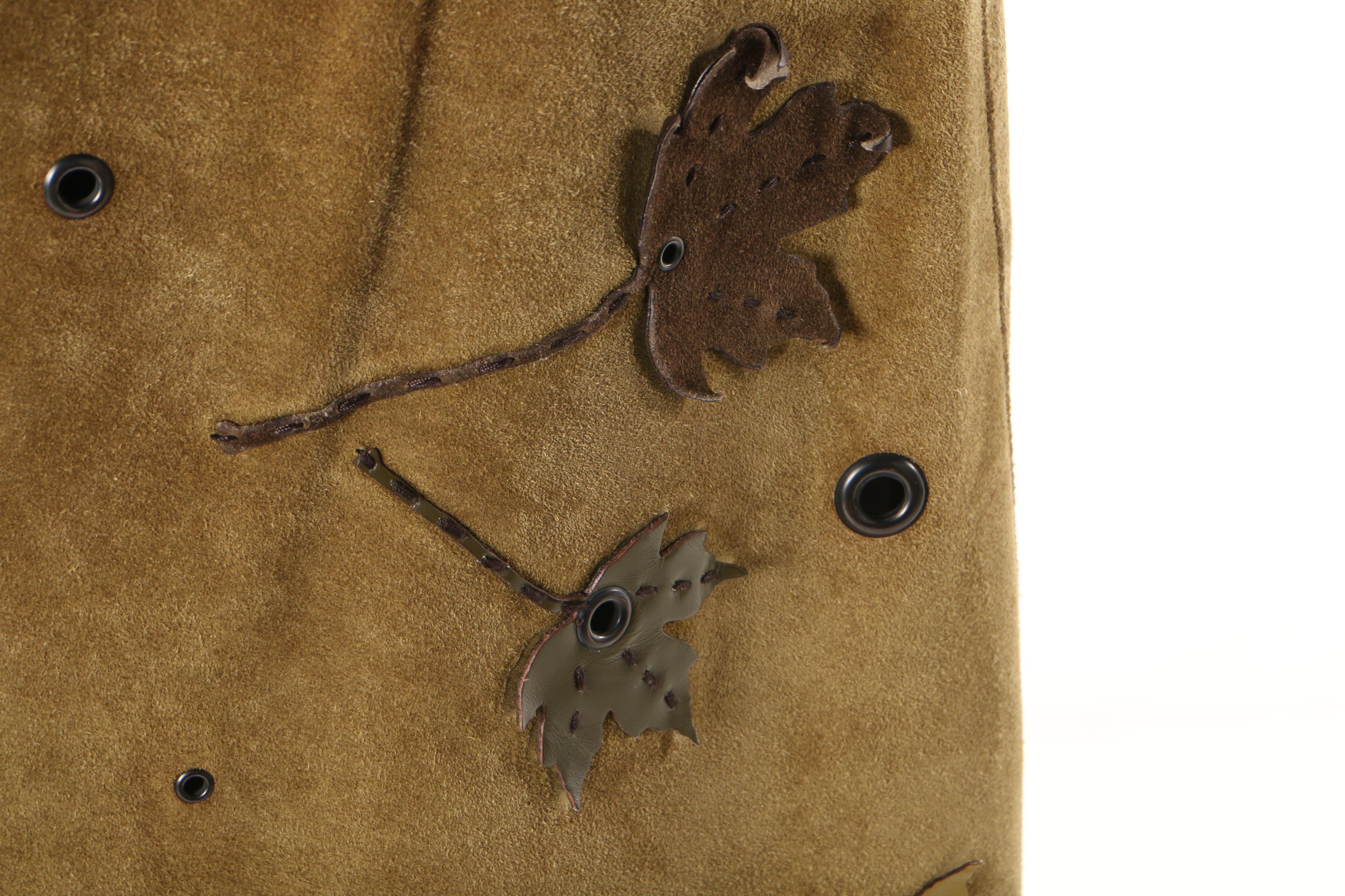 Prada Loden Green Suede Skirt with Grommets and Appliquéd Leather Leaves