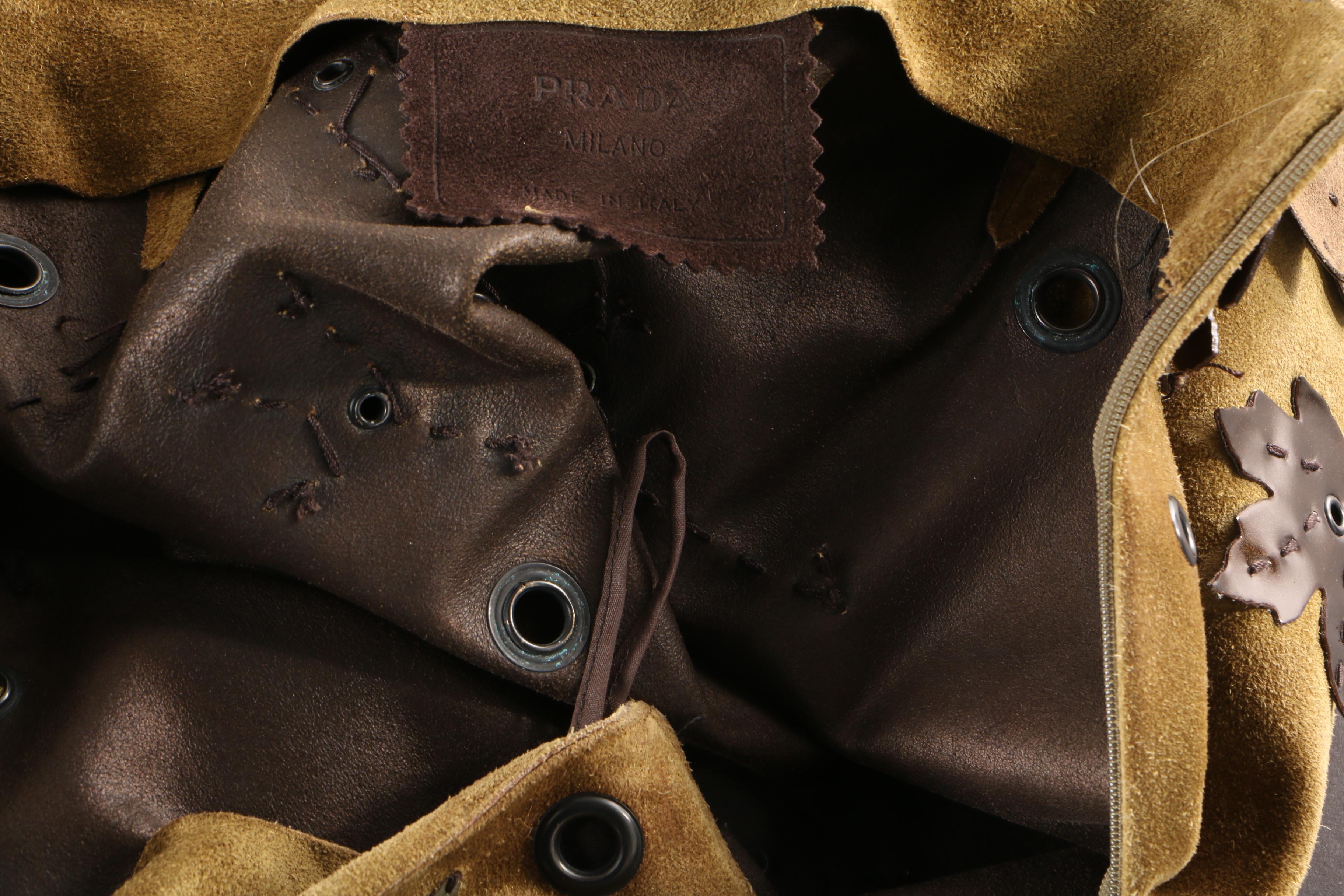 Prada Loden Green Suede Skirt with Grommets and Appliquéd Leather Leaves