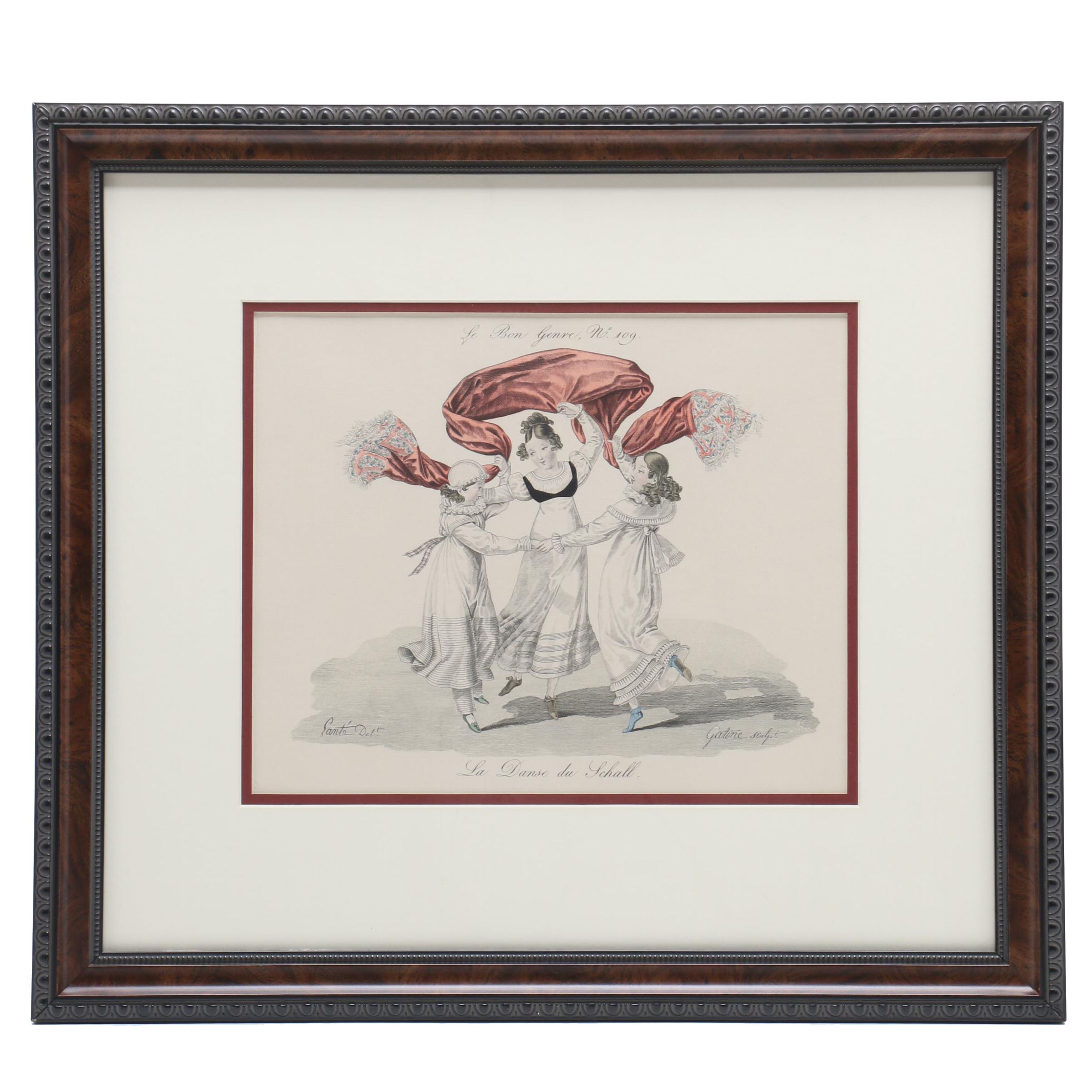 Hand Colored Intaglio Print "Le Bon Genre, No. 109 La Danse du Schall"