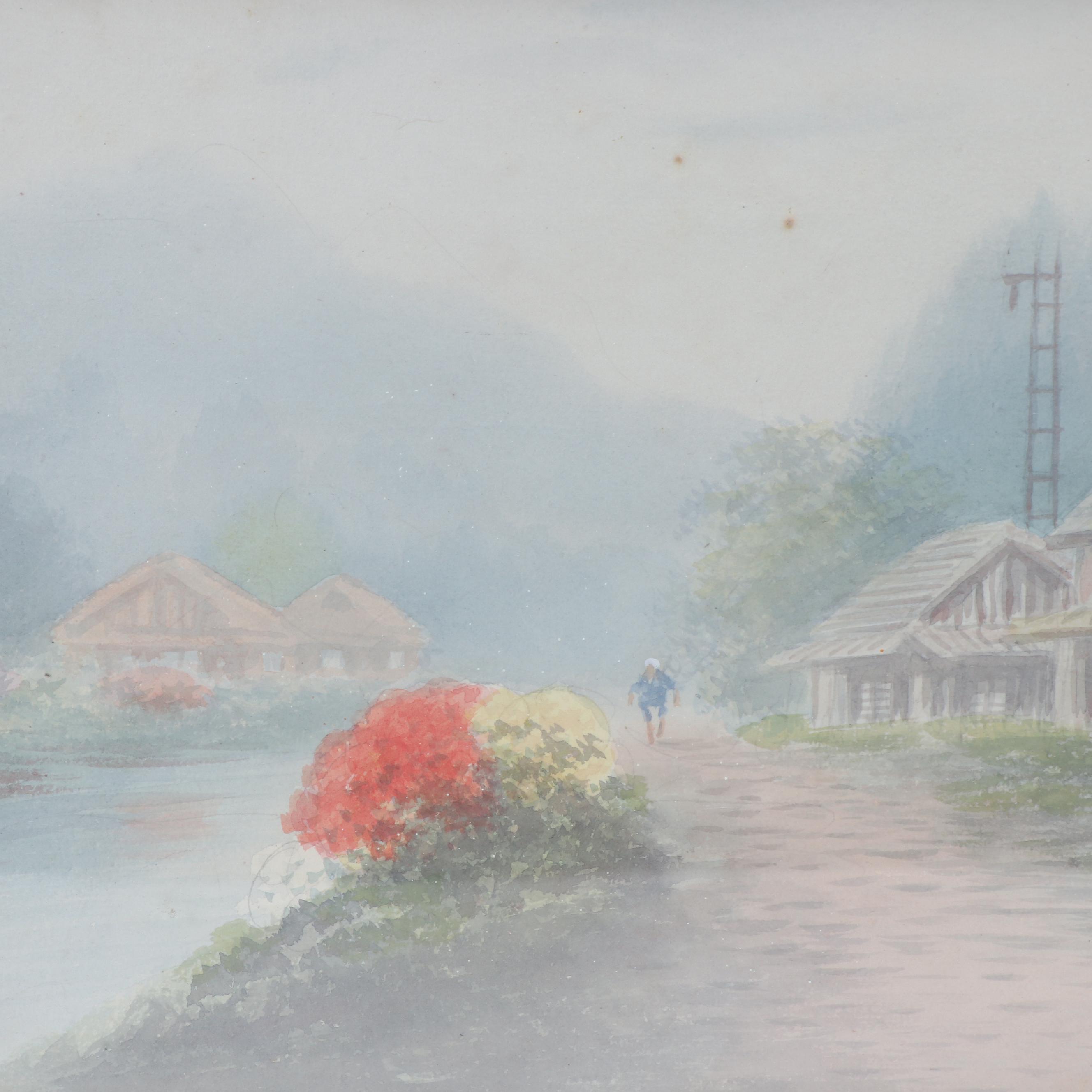 K. Seki Japanese Village Scene Watercolor Painting