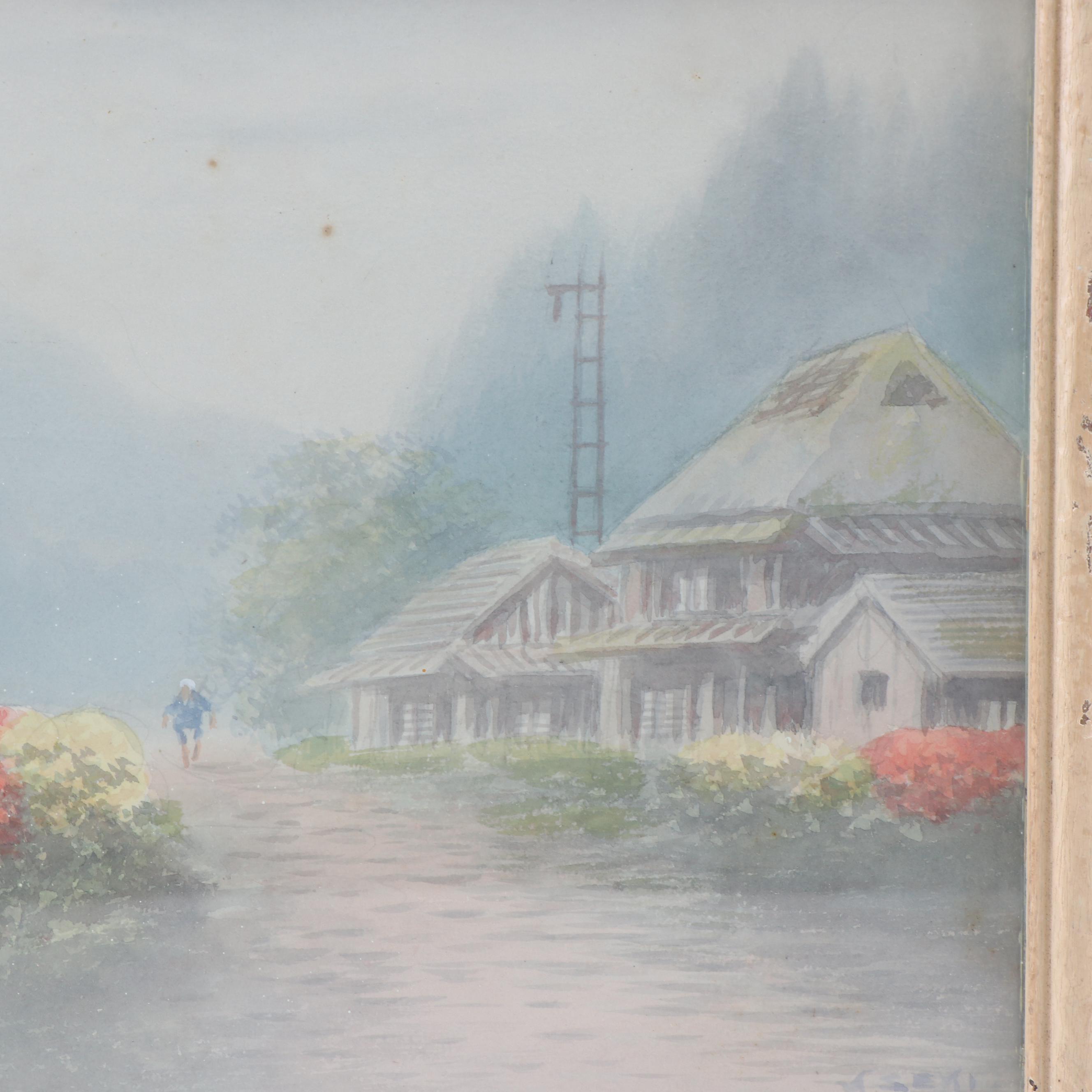 K. Seki Japanese Village Scene Watercolor Painting