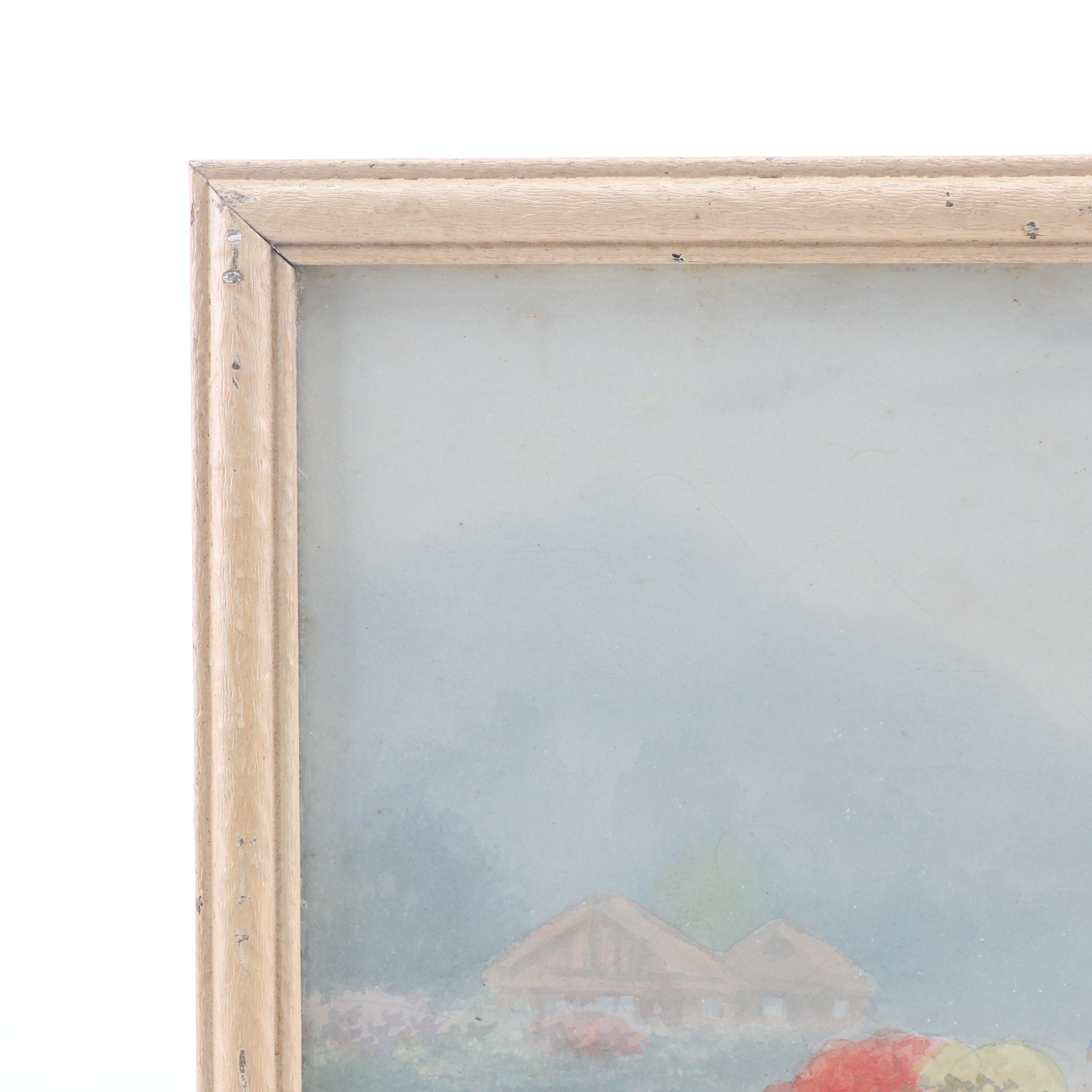 K. Seki Japanese Village Scene Watercolor Painting