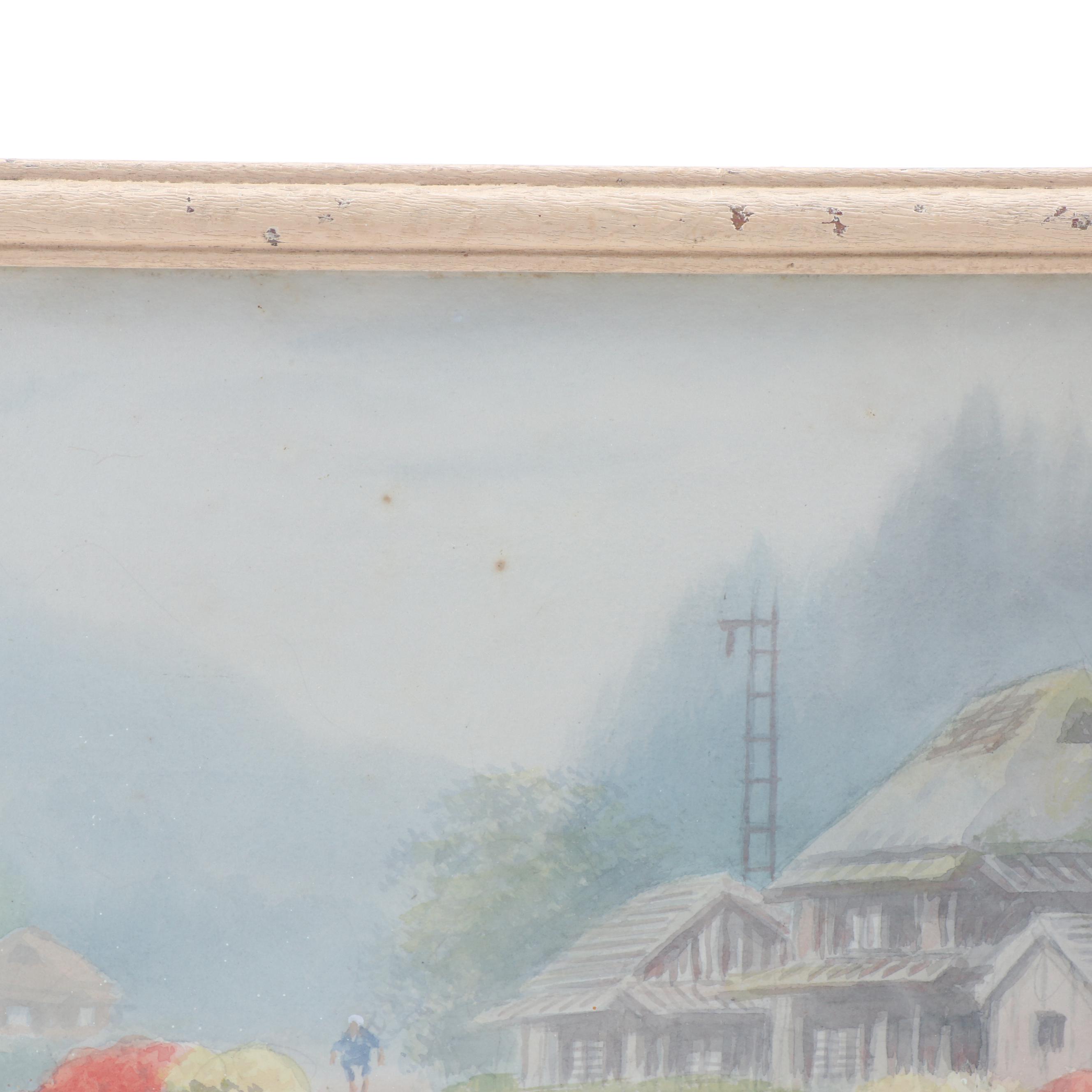 K. Seki Japanese Village Scene Watercolor Painting