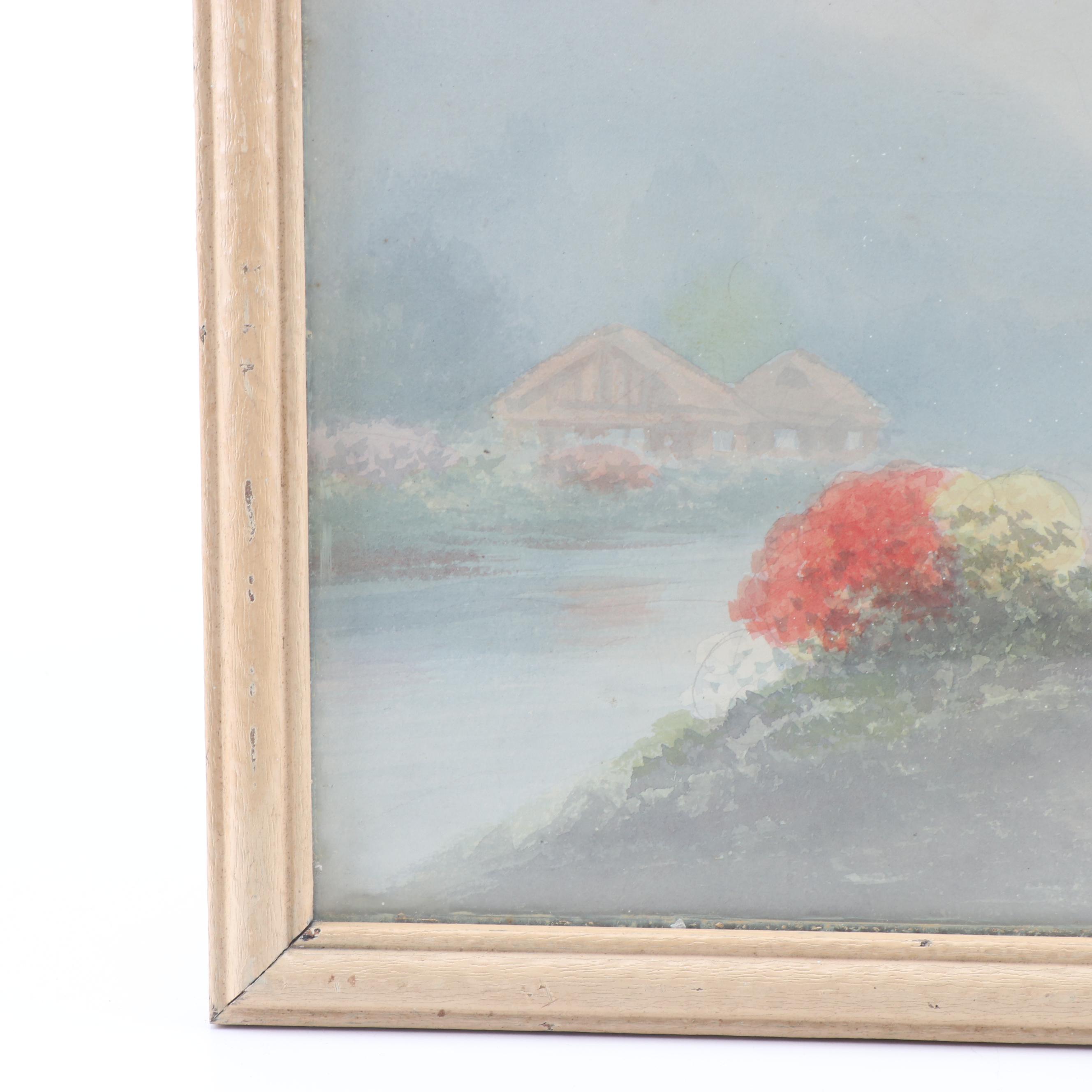 K. Seki Japanese Village Scene Watercolor Painting