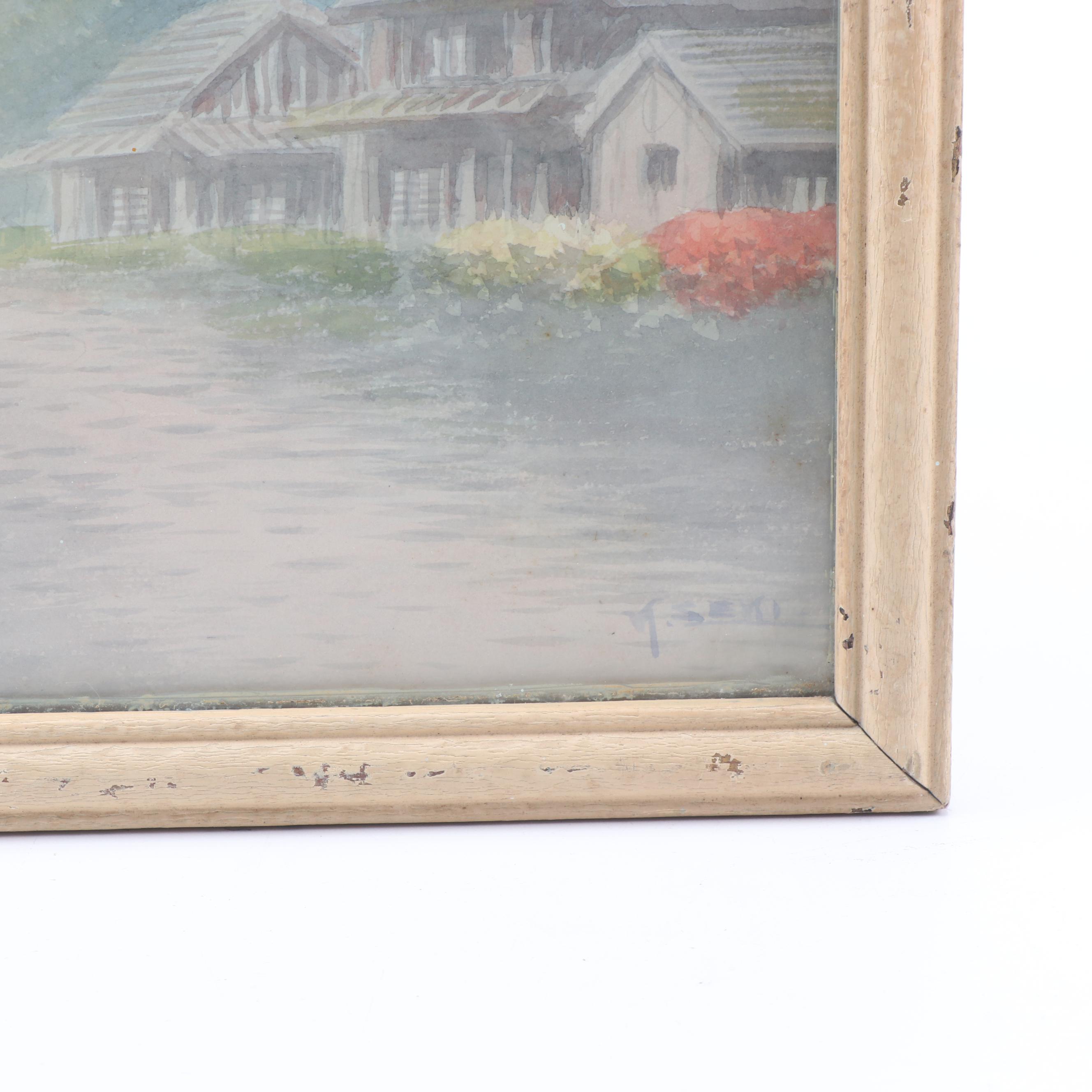 K. Seki Japanese Village Scene Watercolor Painting