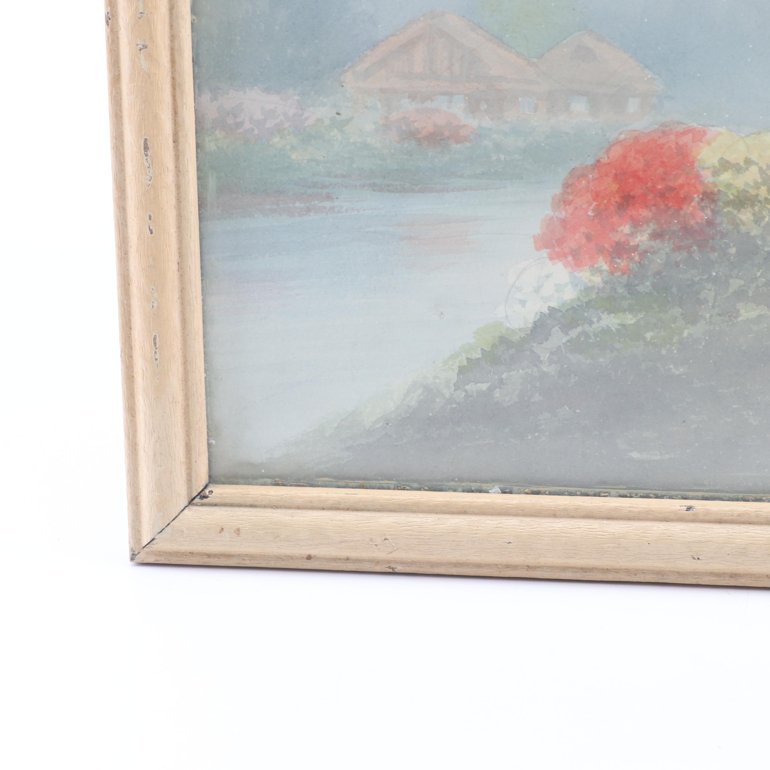 K. Seki Japanese Village Scene Watercolor Painting