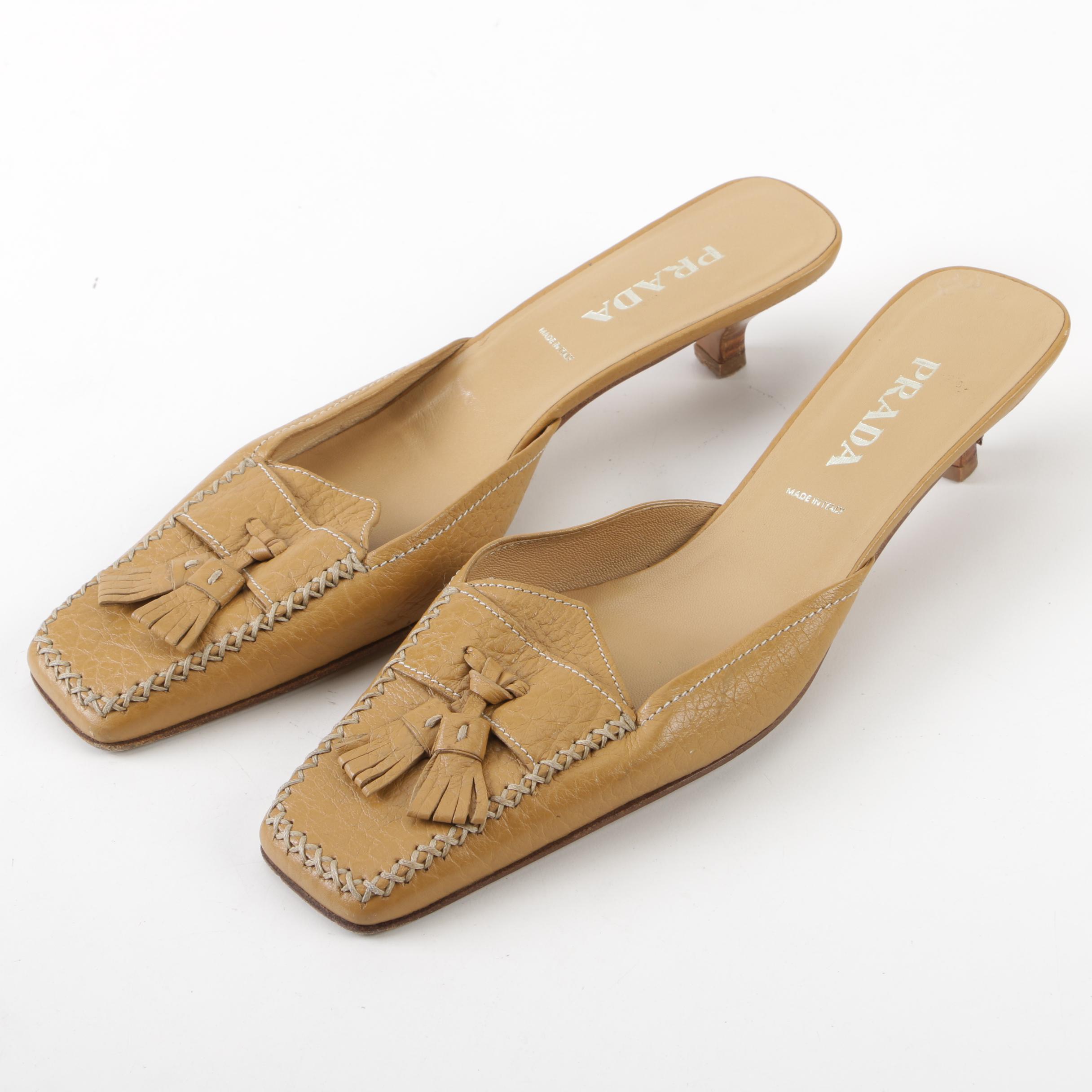 Prada Tan Leather Tassel Mules, Made in Italy