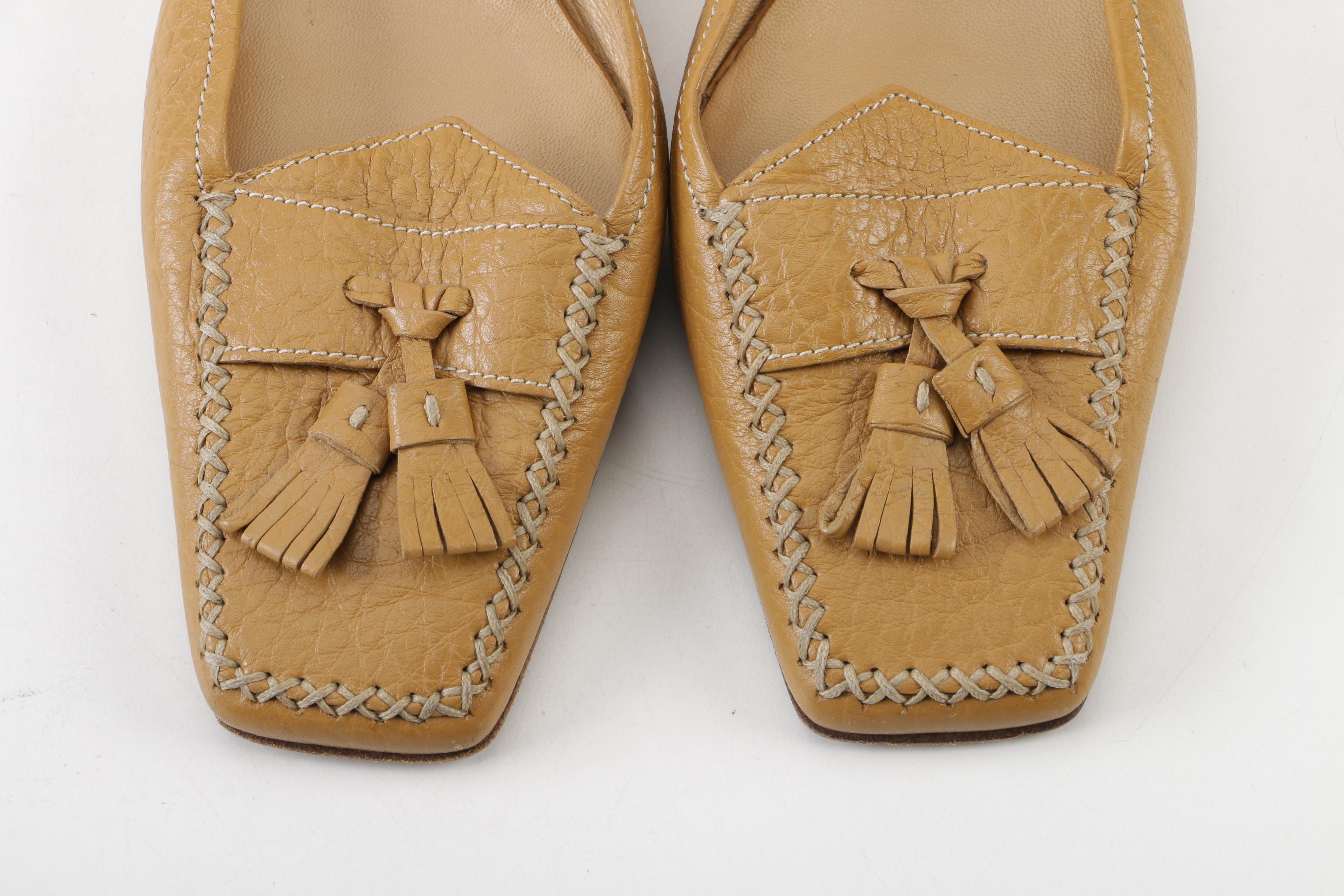 Prada Tan Leather Tassel Mules, Made in Italy