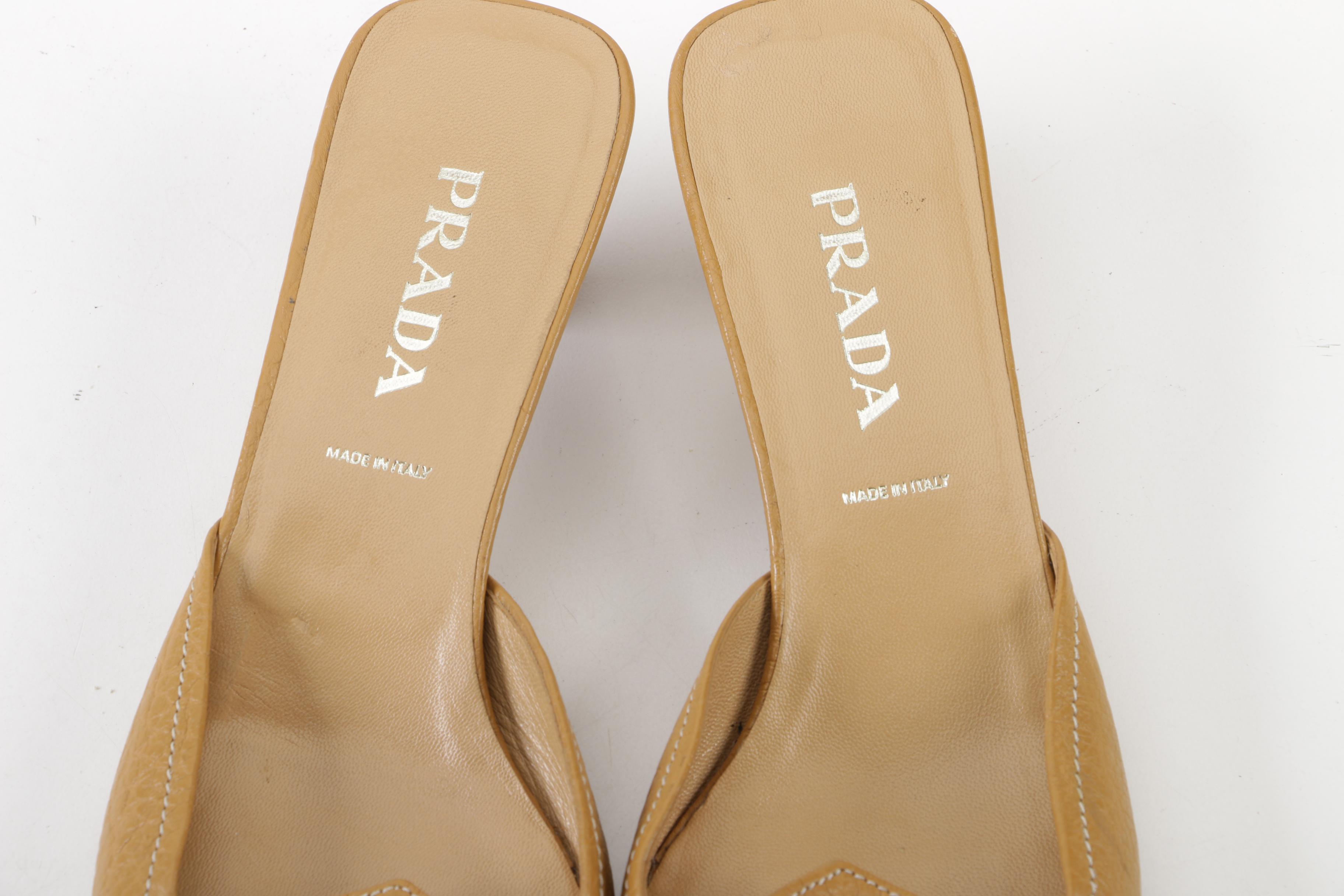 Prada Tan Leather Tassel Mules, Made in Italy
