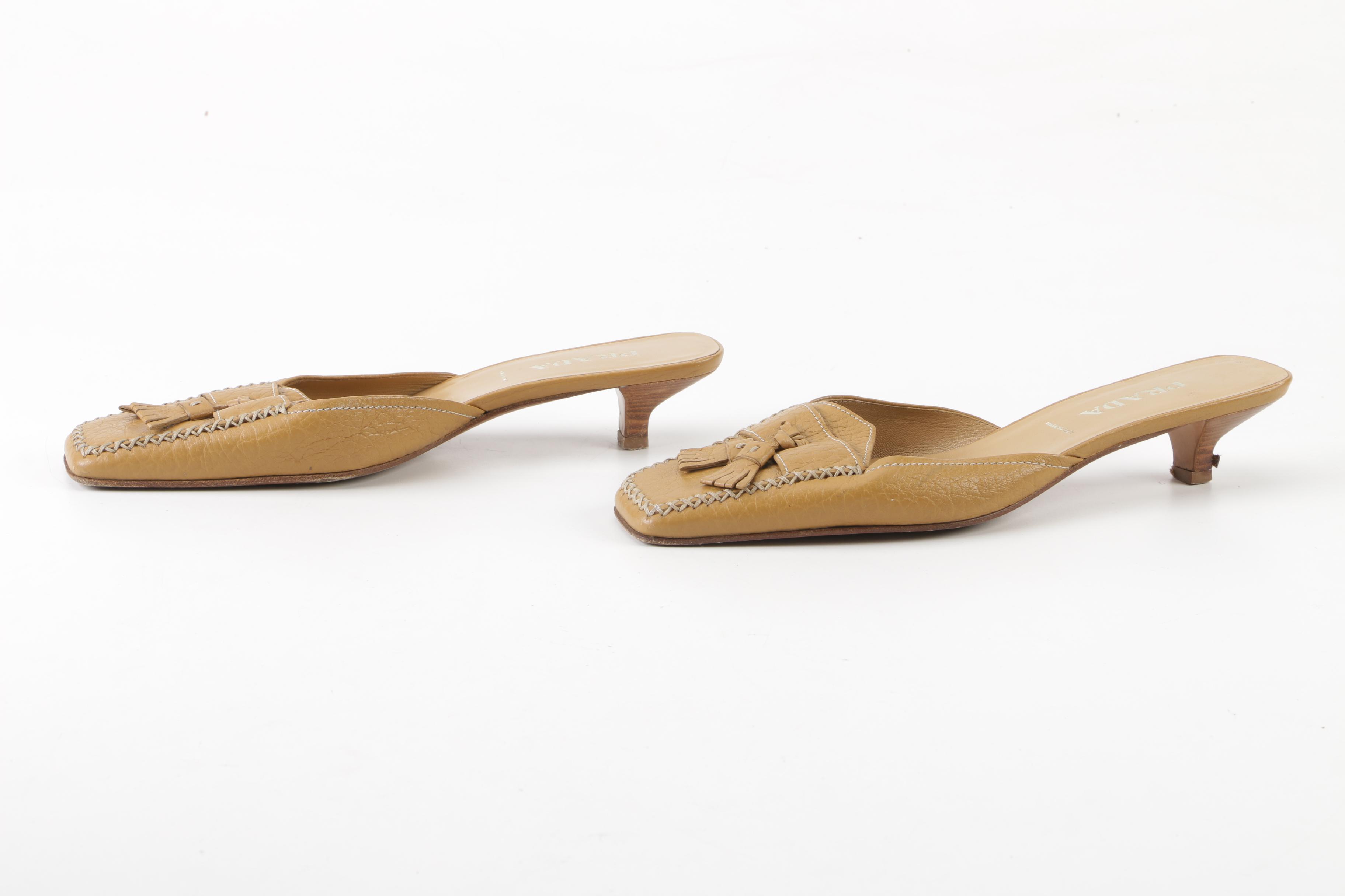 Prada Tan Leather Tassel Mules, Made in Italy