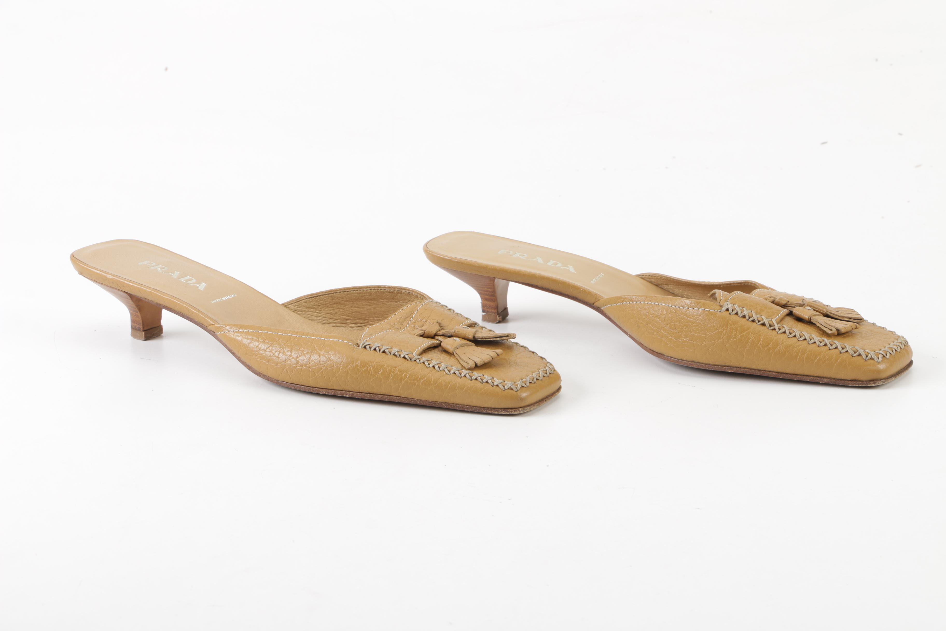 Prada Tan Leather Tassel Mules, Made in Italy