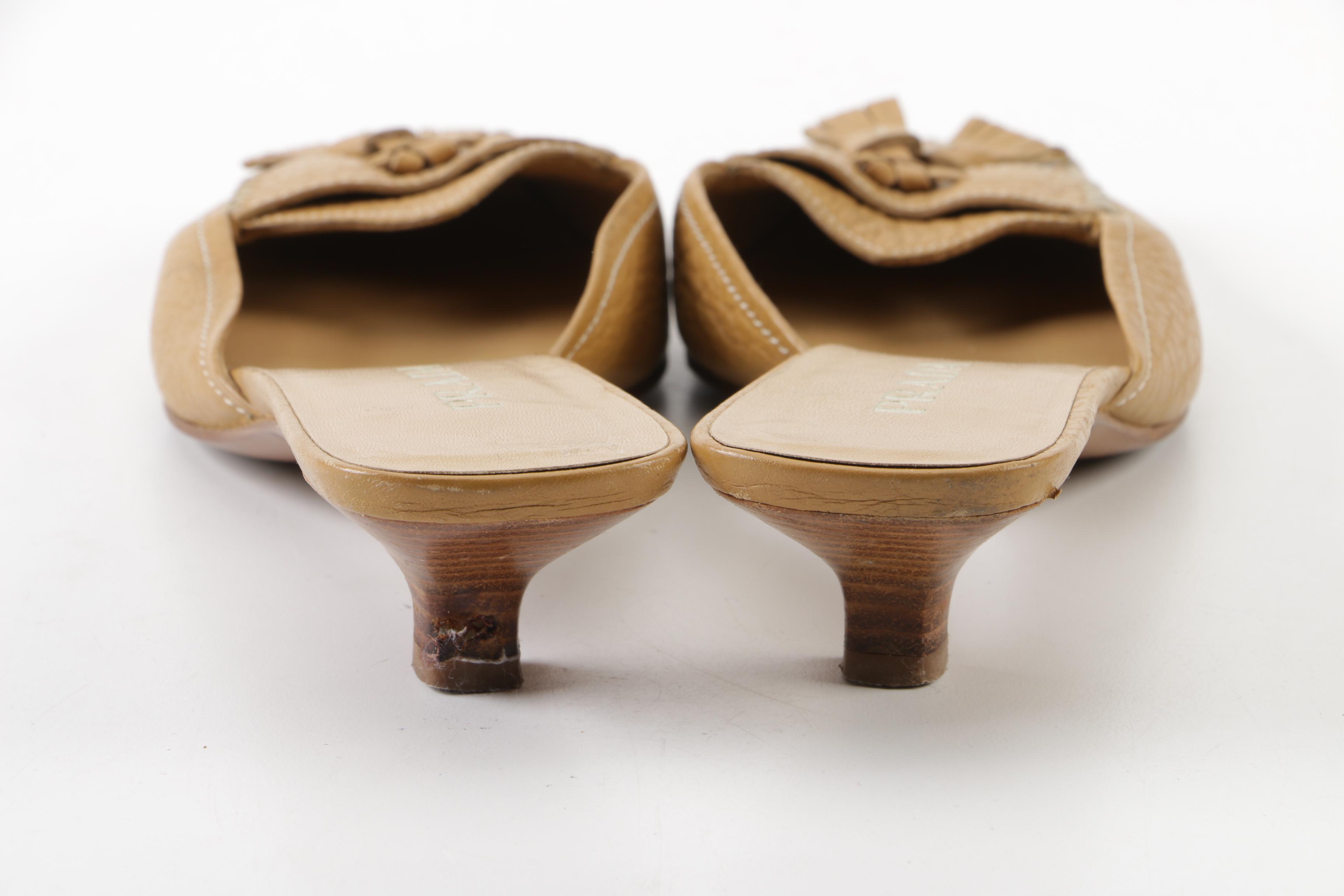 Prada Tan Leather Tassel Mules, Made in Italy