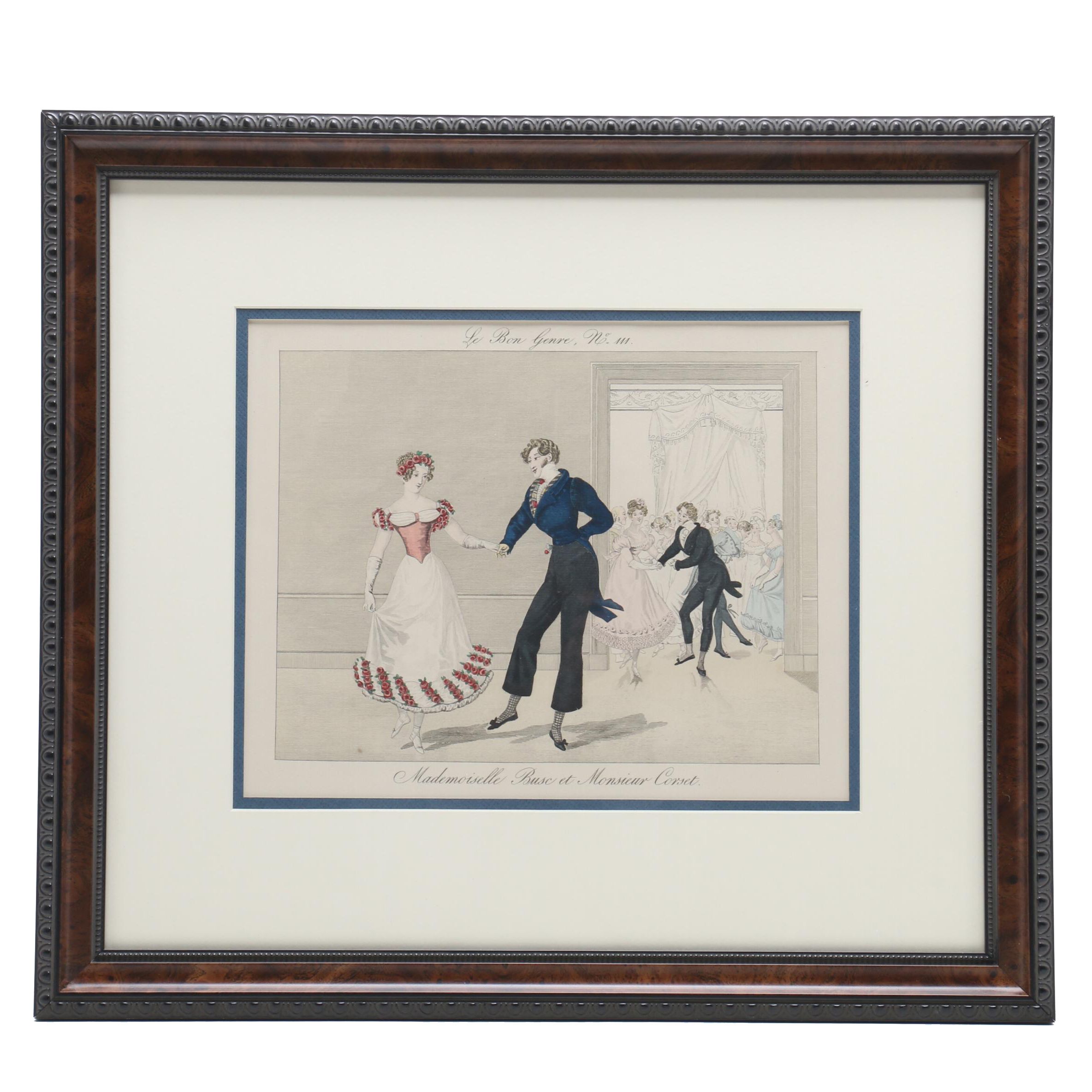 Hand Colored Intaglio Print "Le Bon Genre, No. 111 Mademoiselle Busc et Monsieu"