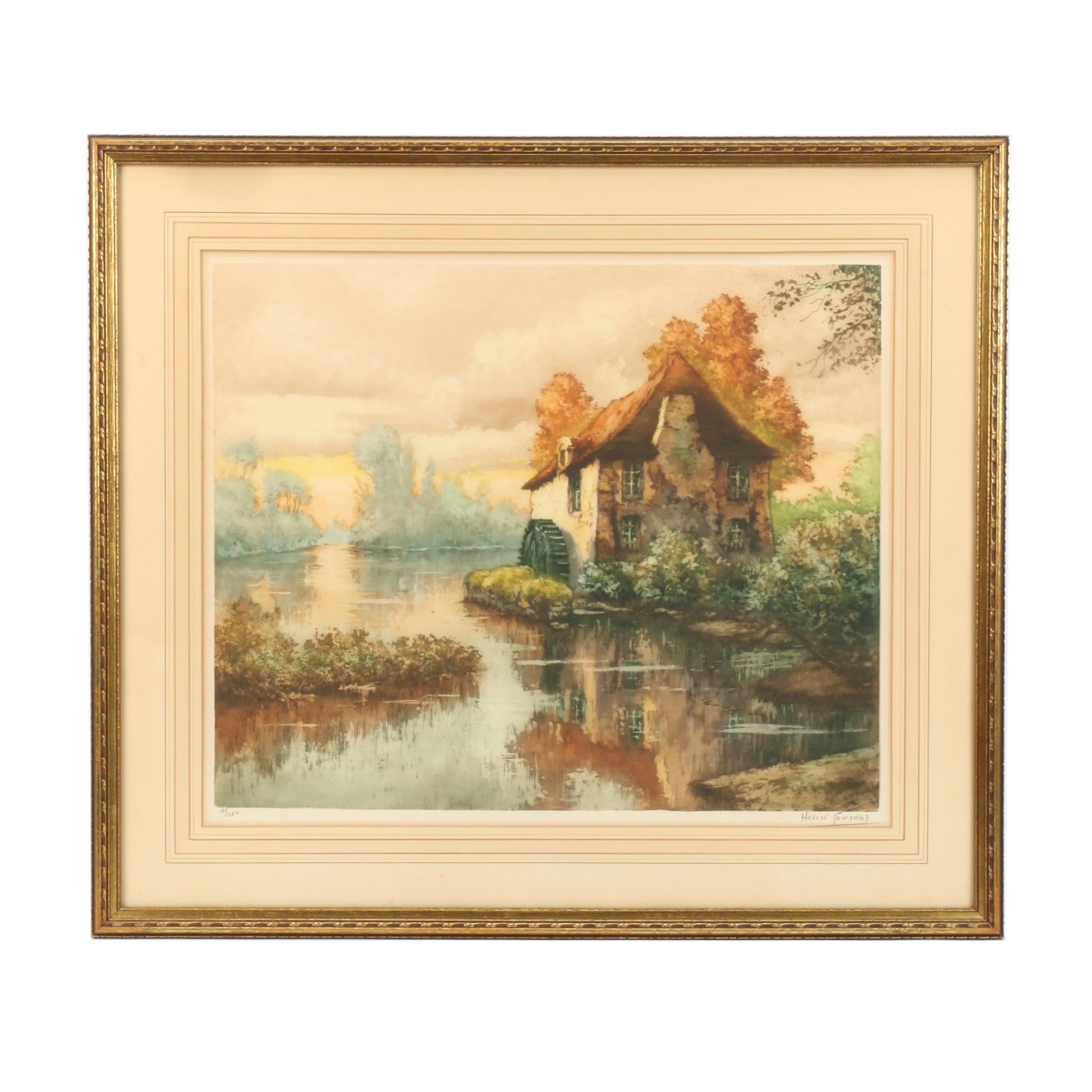 20th Century Aquatint with Etching of Landscape with Mill