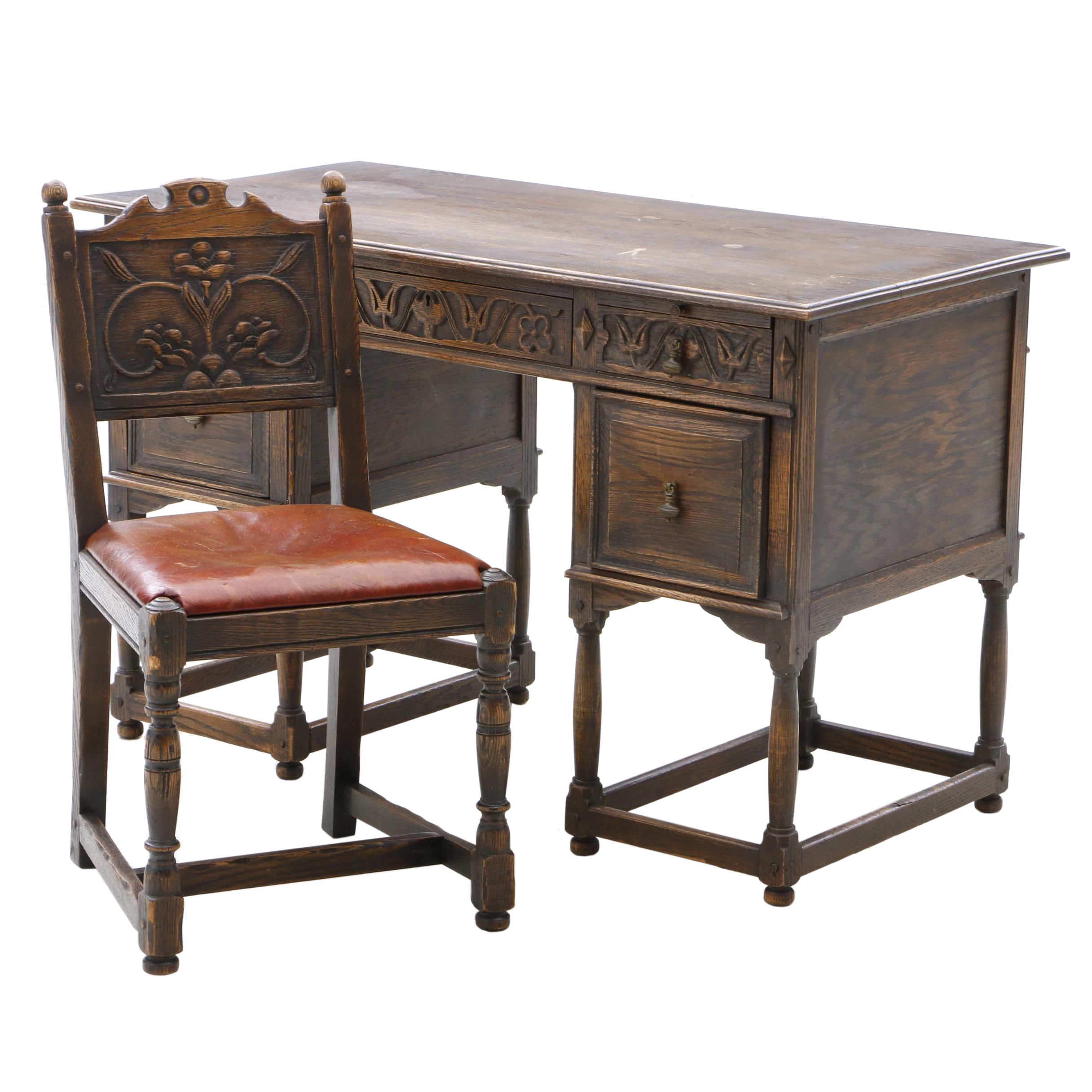 Early 1900s English Jacobean Revival Oak Desk and Chair