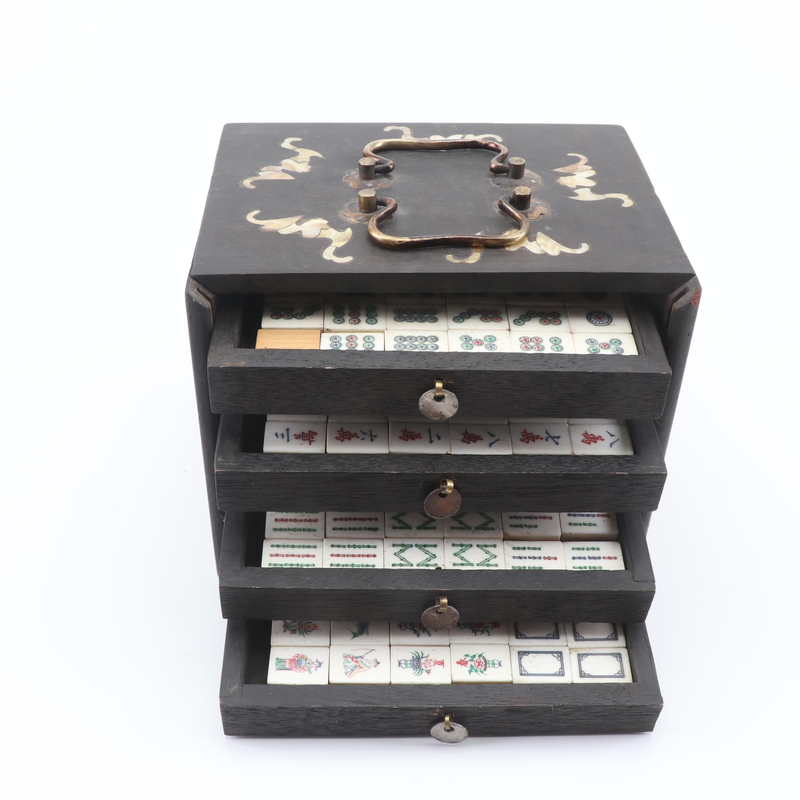 Vintage Mahjong Set in Shell Inlay Case