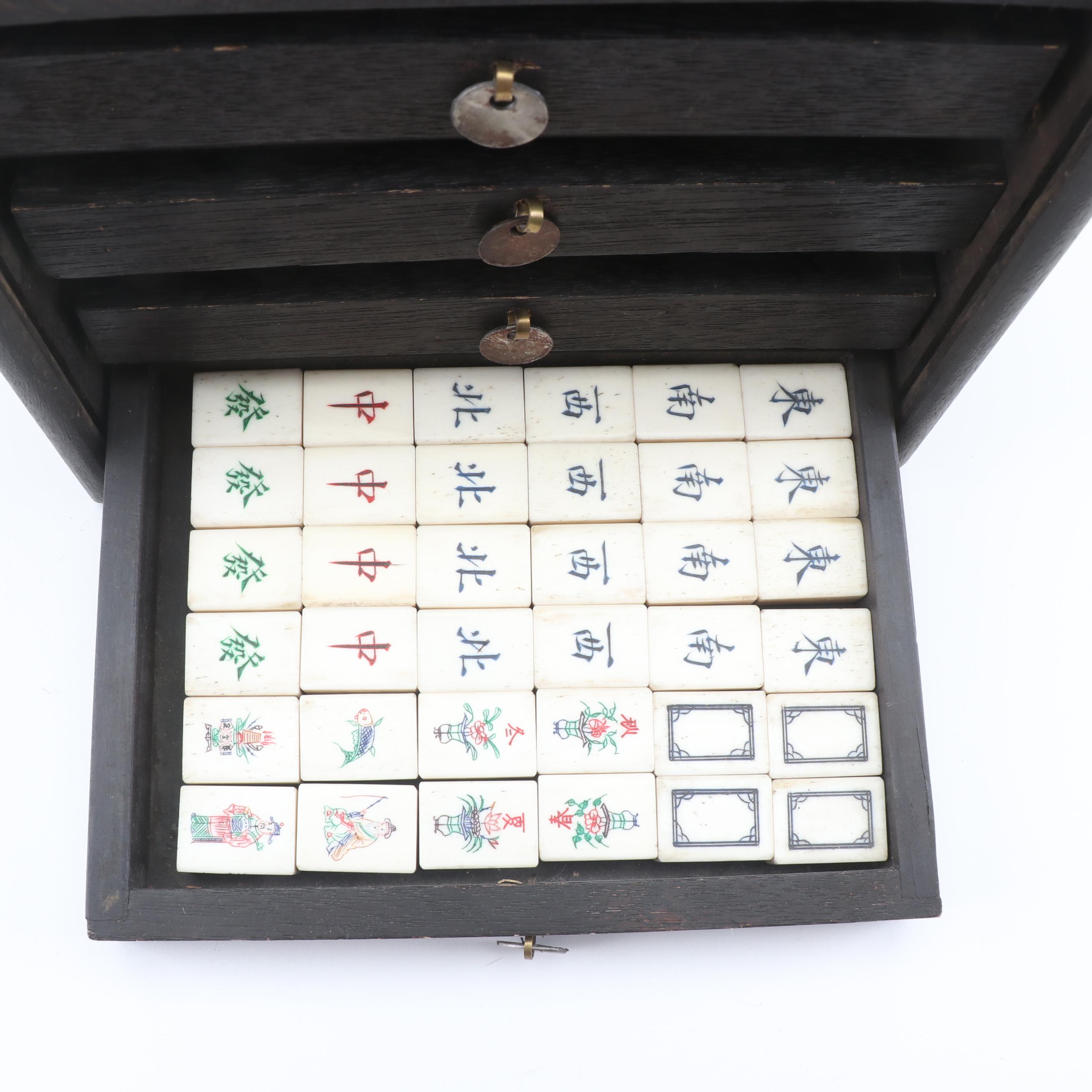 Vintage Mahjong Set in Shell Inlay Case
