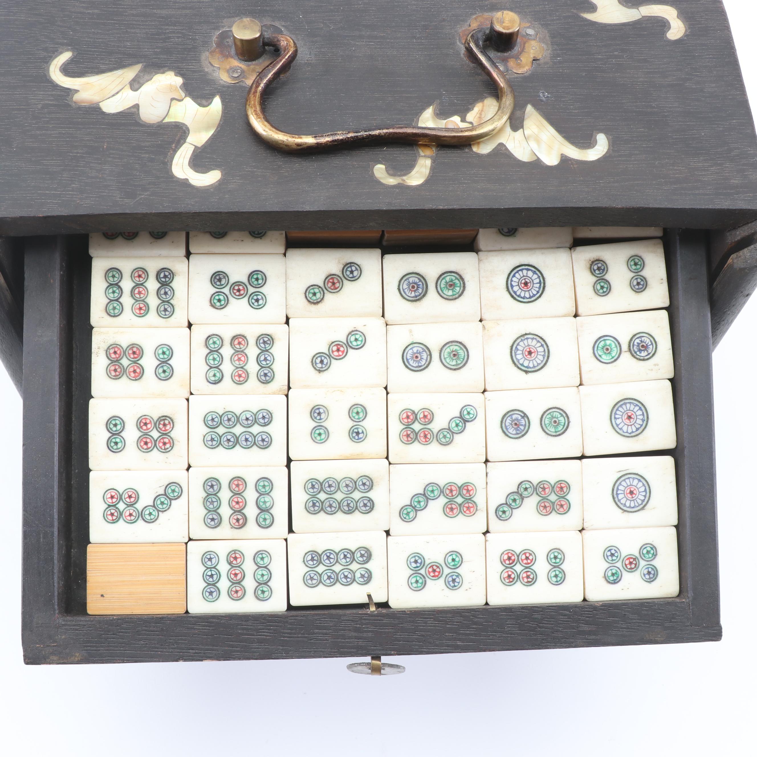 Vintage Mahjong Set in Shell Inlay Case