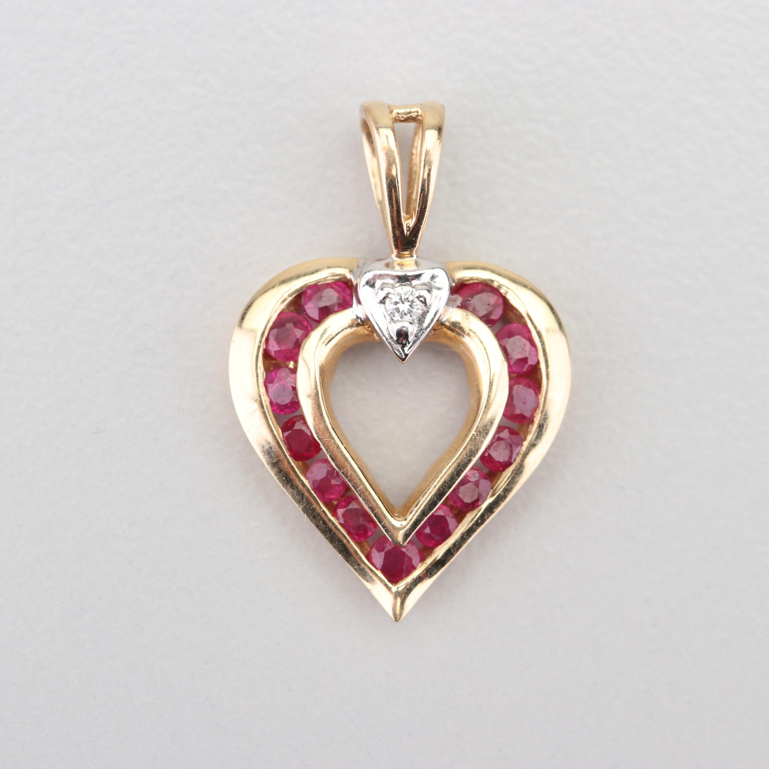 14K Yellow Gold Ruby and Diamond Heart Pendant