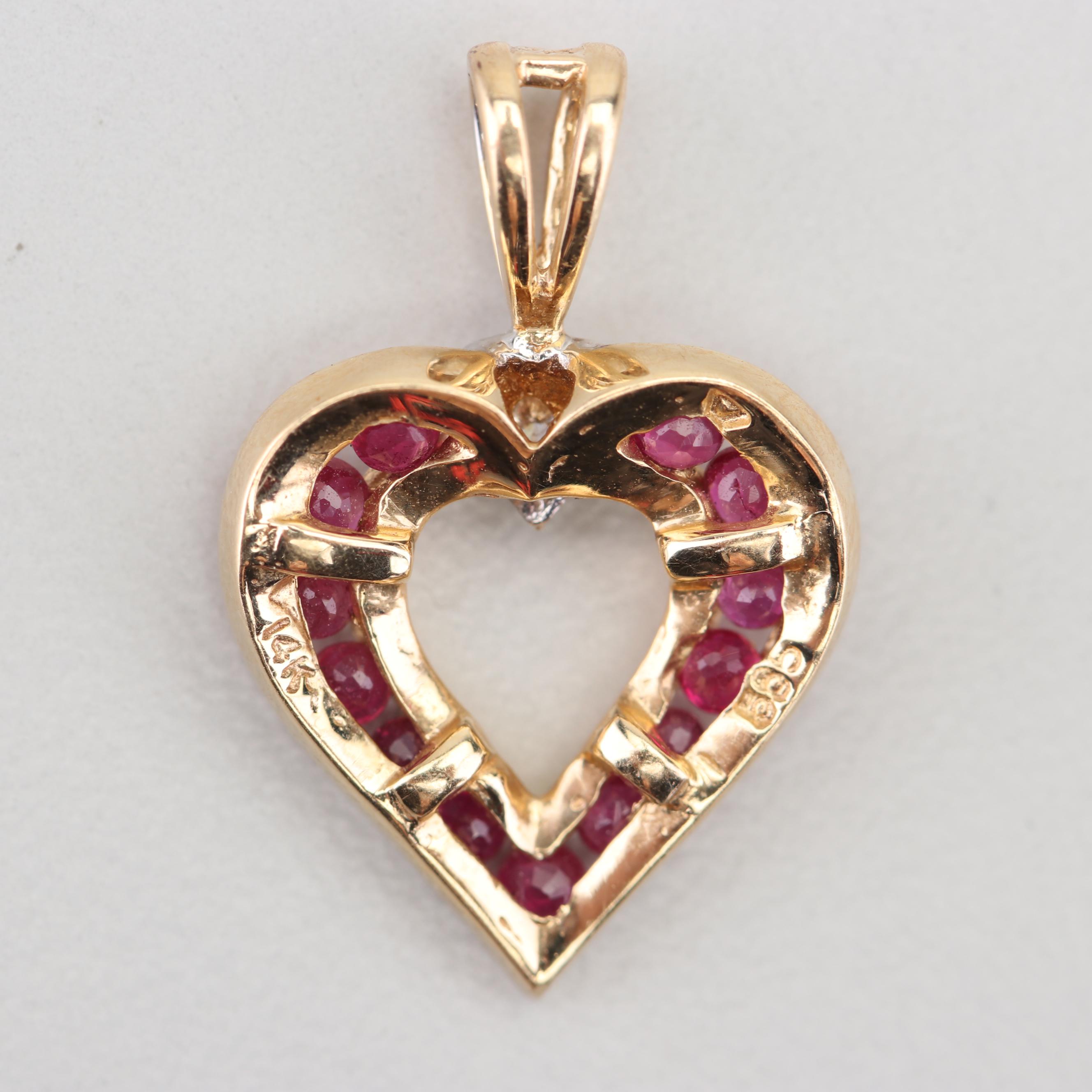 14K Yellow Gold Ruby and Diamond Heart Pendant