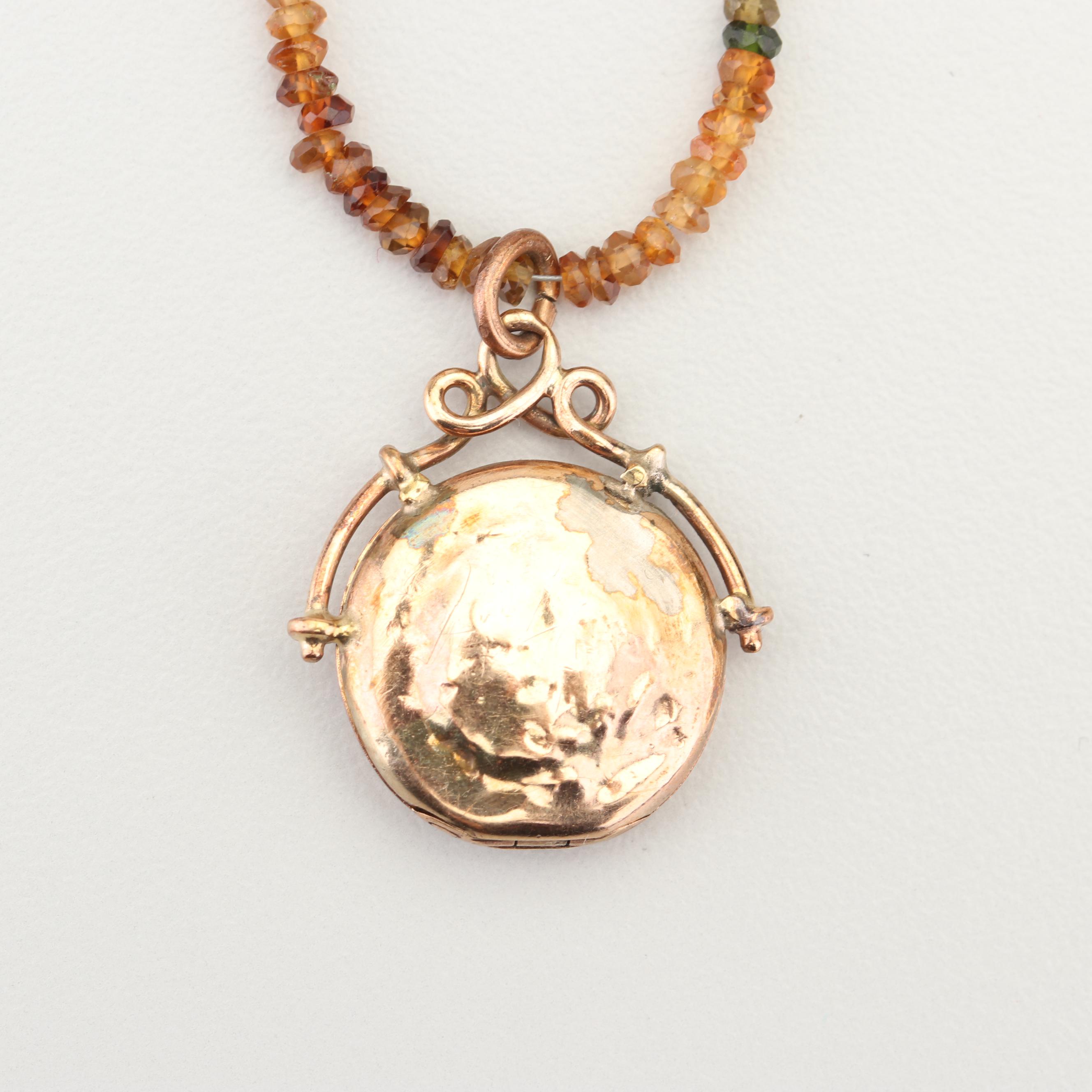 Faceted Gemstone Necklace with 10K Yellow Gold Clasp and Gold Tone Pendant