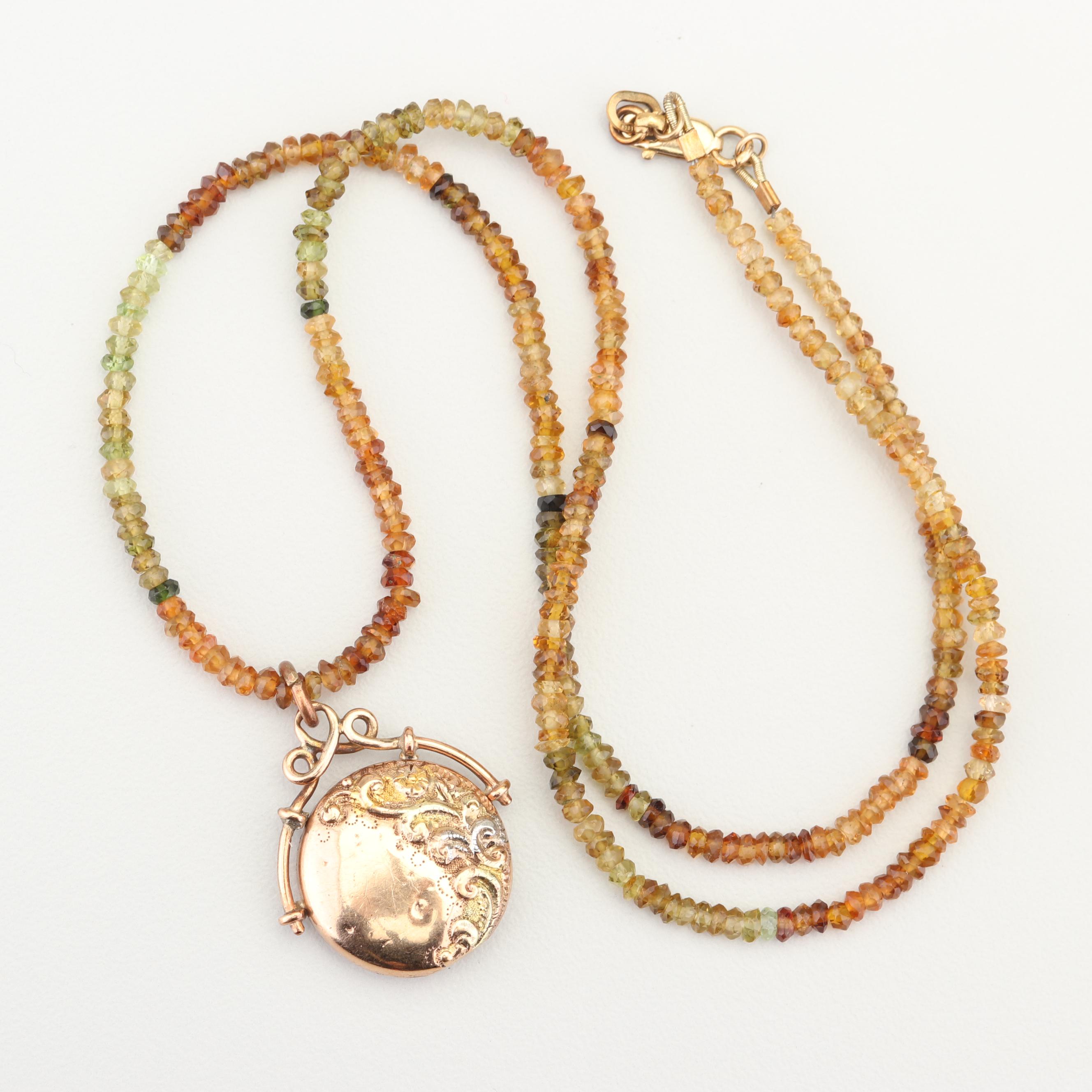 Faceted Gemstone Necklace with 10K Yellow Gold Clasp and Gold Tone Pendant