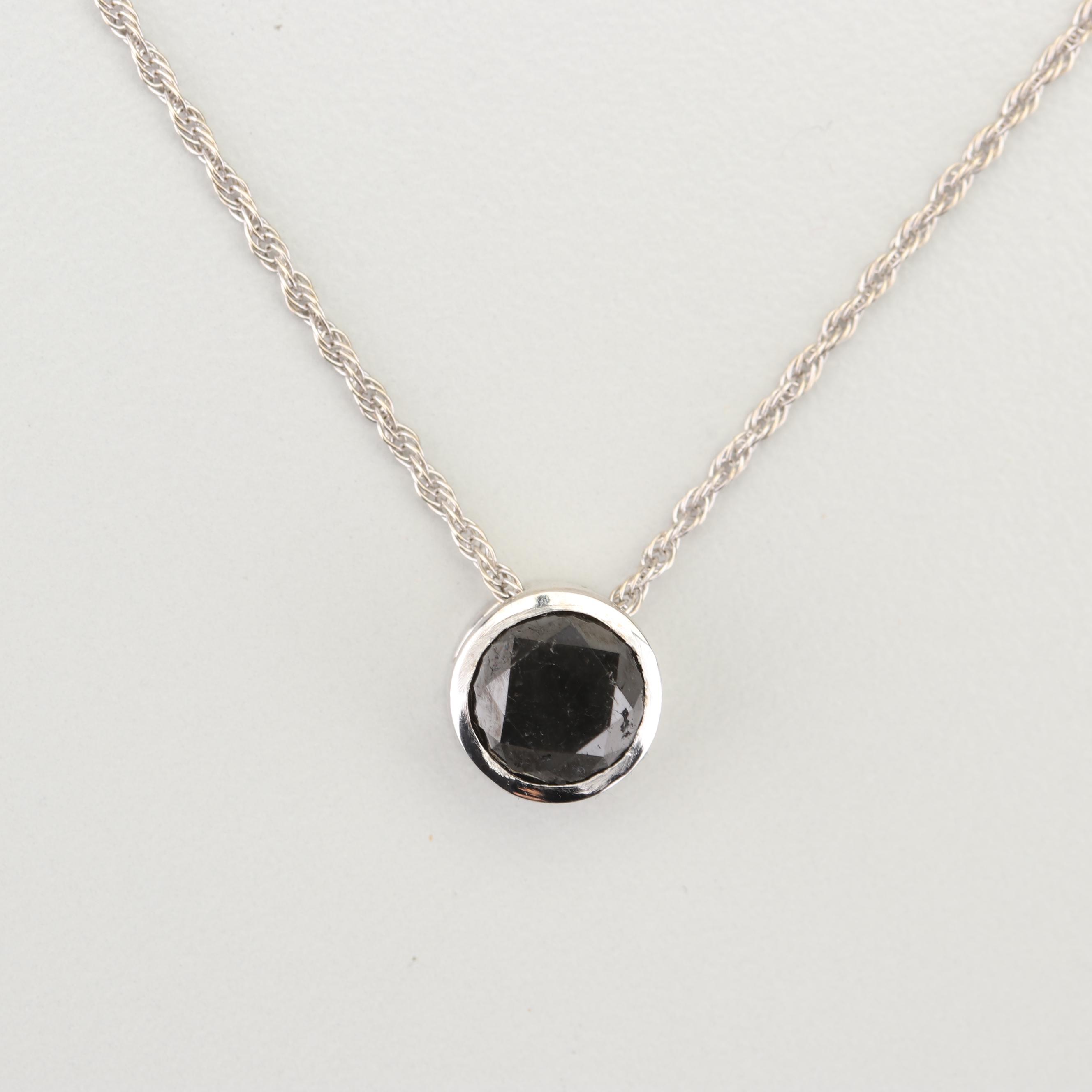 14K White Gold and Black Diamond Pendant Necklace