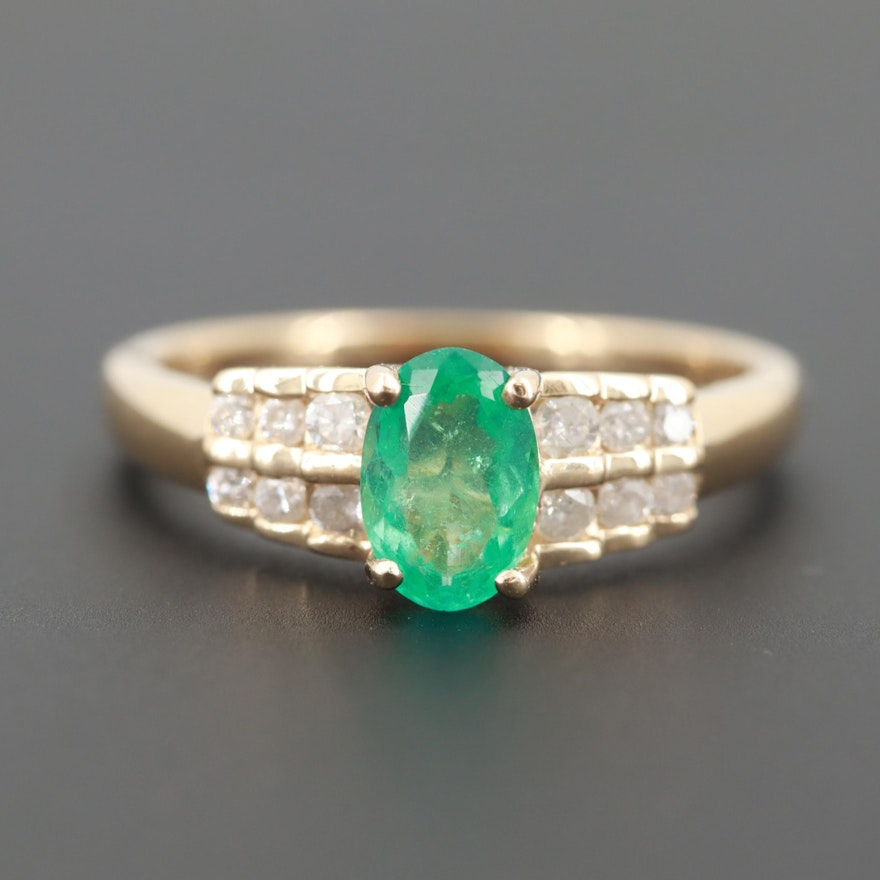 14K Yellow Gold Emerald and Diamond Ring