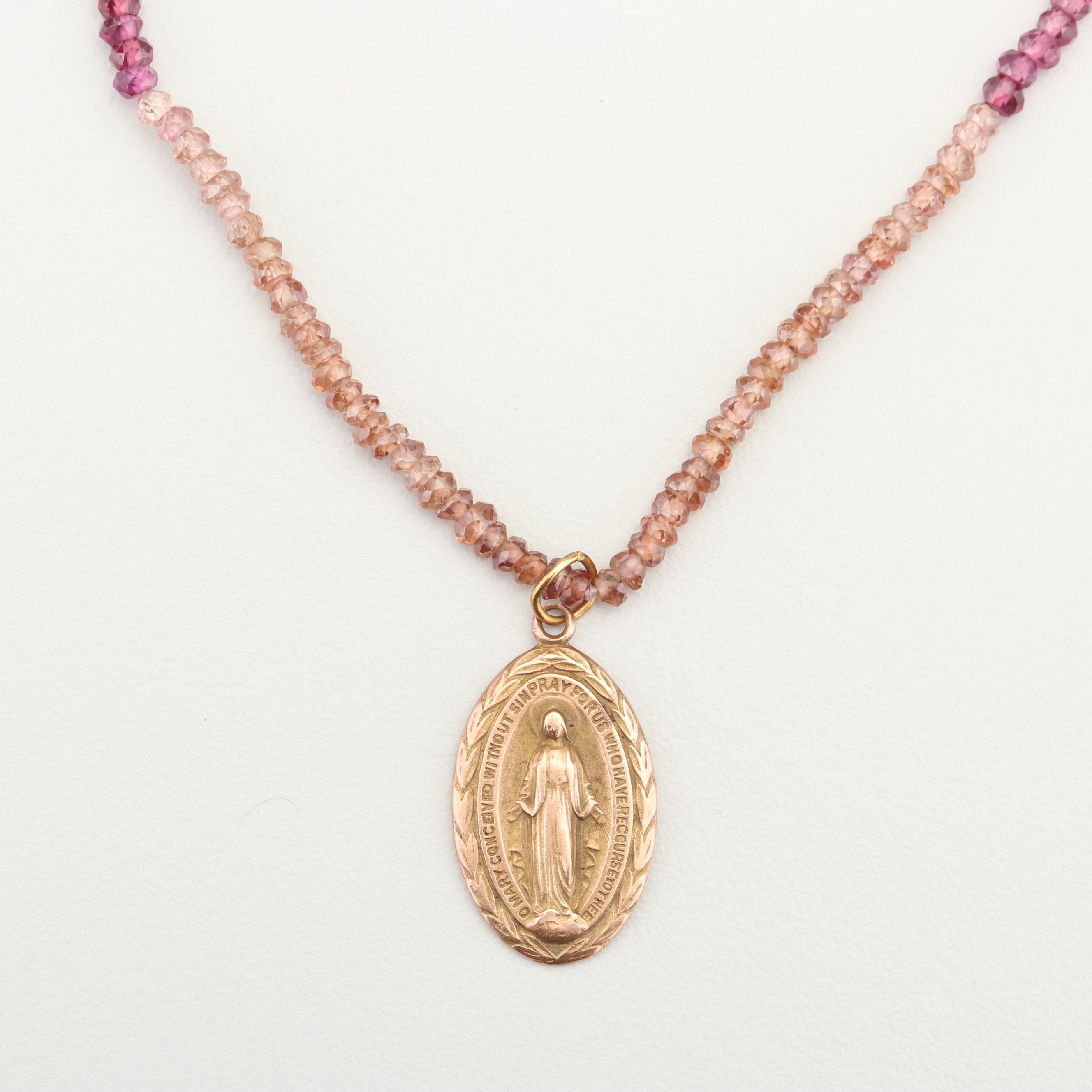 10K Yellow Gold Religious Pendant and Gemstone Necklace with 14K Gold Clasp
