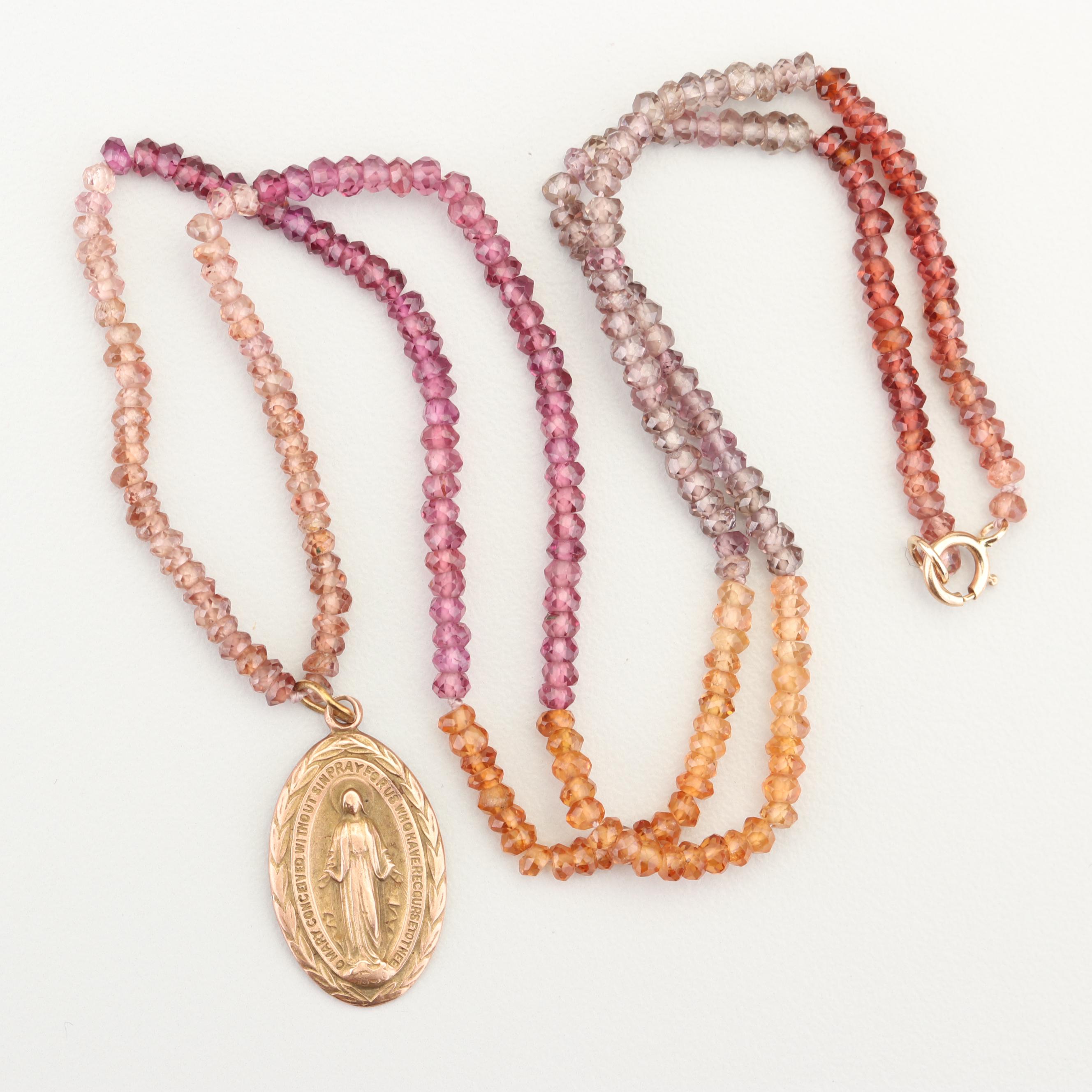 10K Yellow Gold Religious Pendant and Gemstone Necklace with 14K Gold Clasp