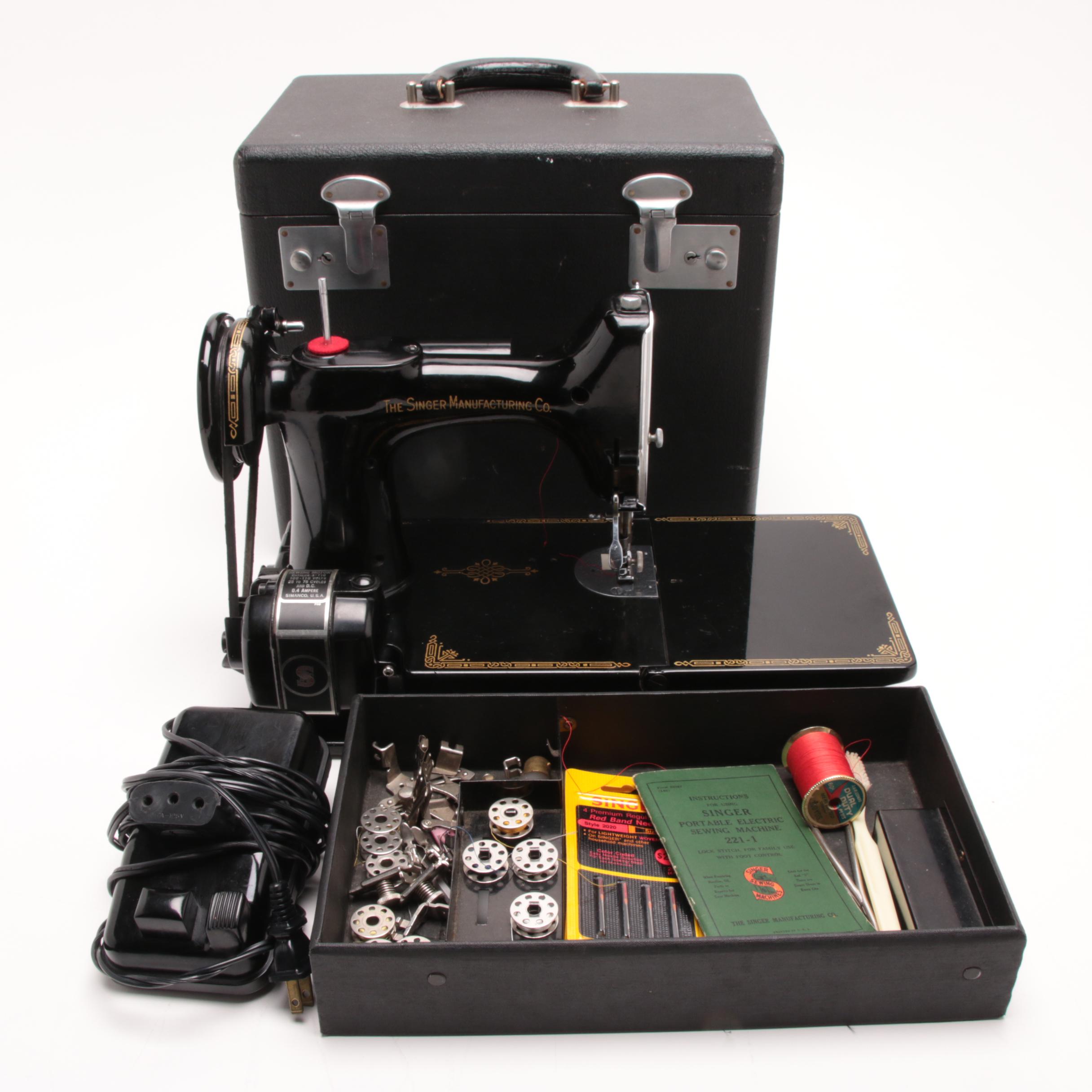 1947 Featherweight Singer Sewing Machine Model 221 with Case and Accessories