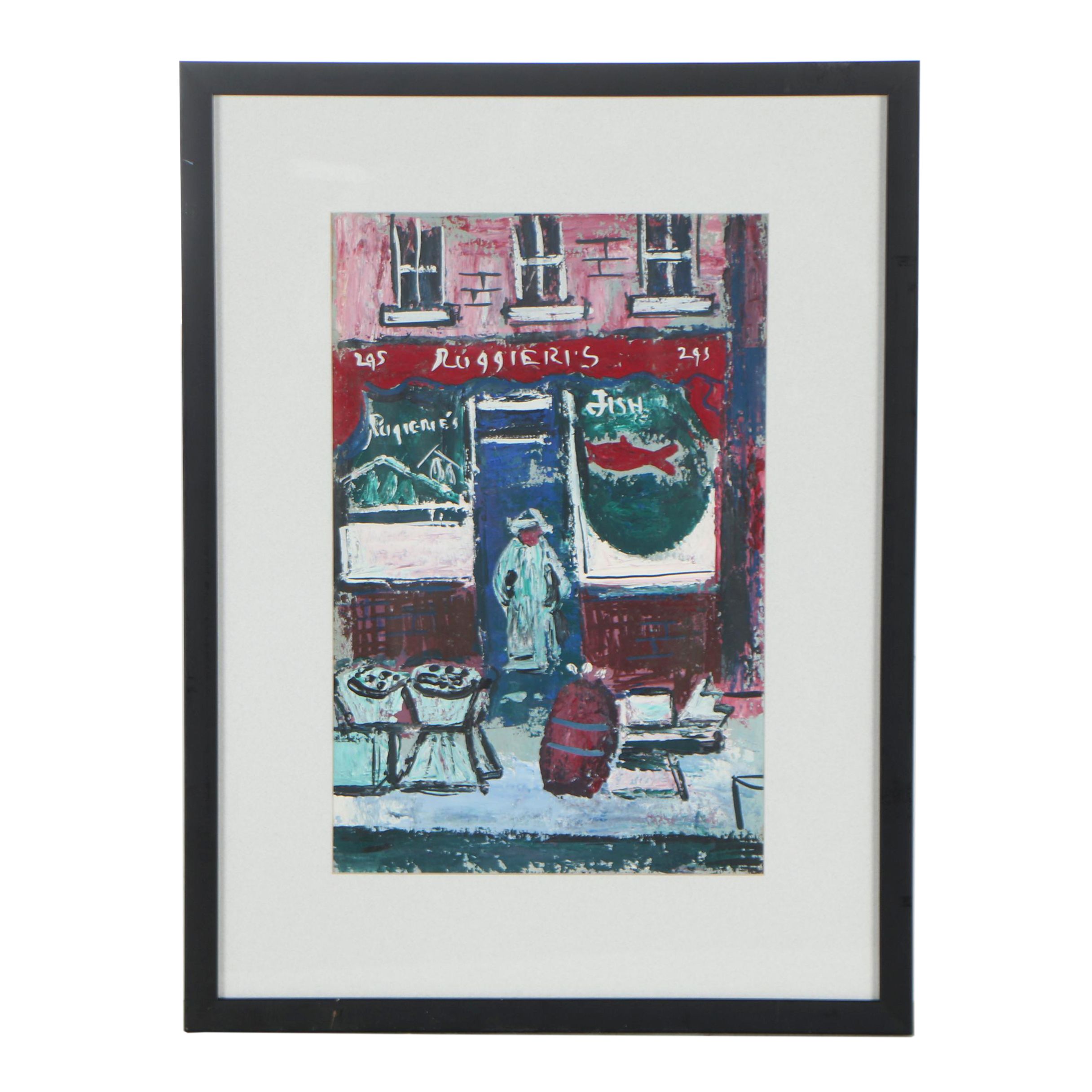 Esther Phillips 1950s Gouache Painting of Greenwich Village Storefront