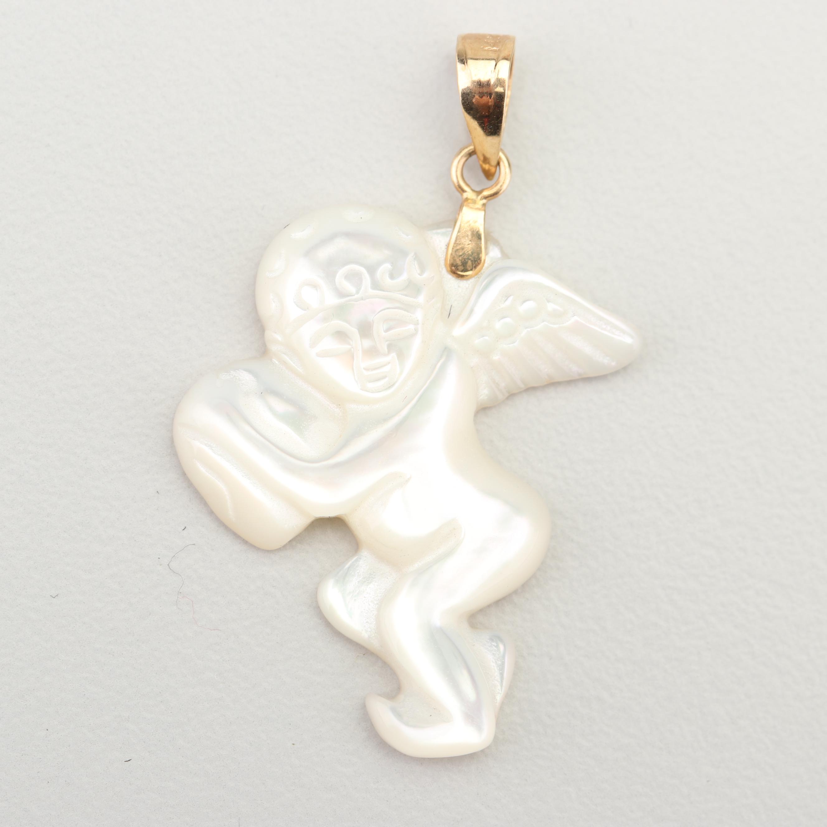 14K Yellow Gold and Carved Mother of Pearl Angel Pendant