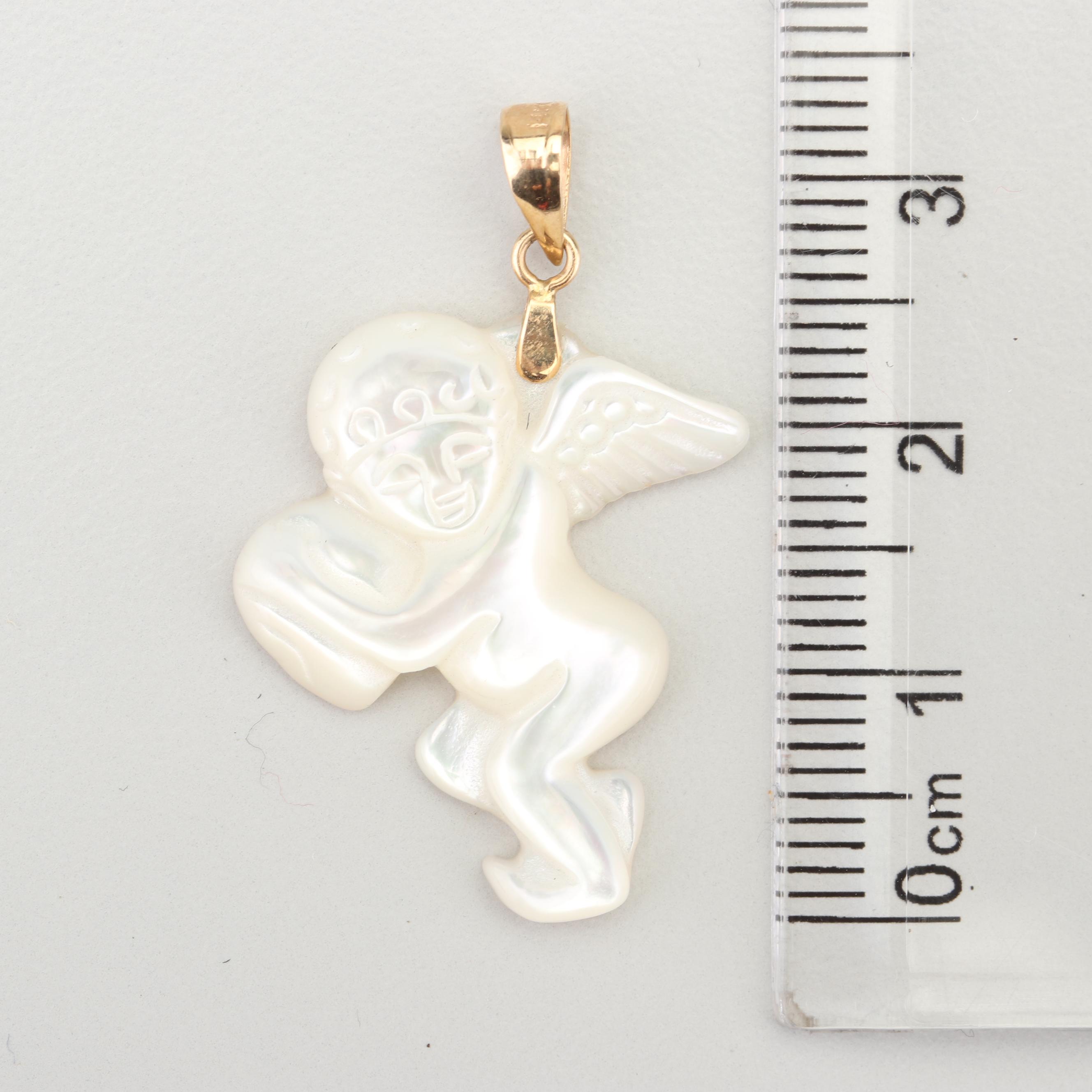 14K Yellow Gold and Carved Mother of Pearl Angel Pendant