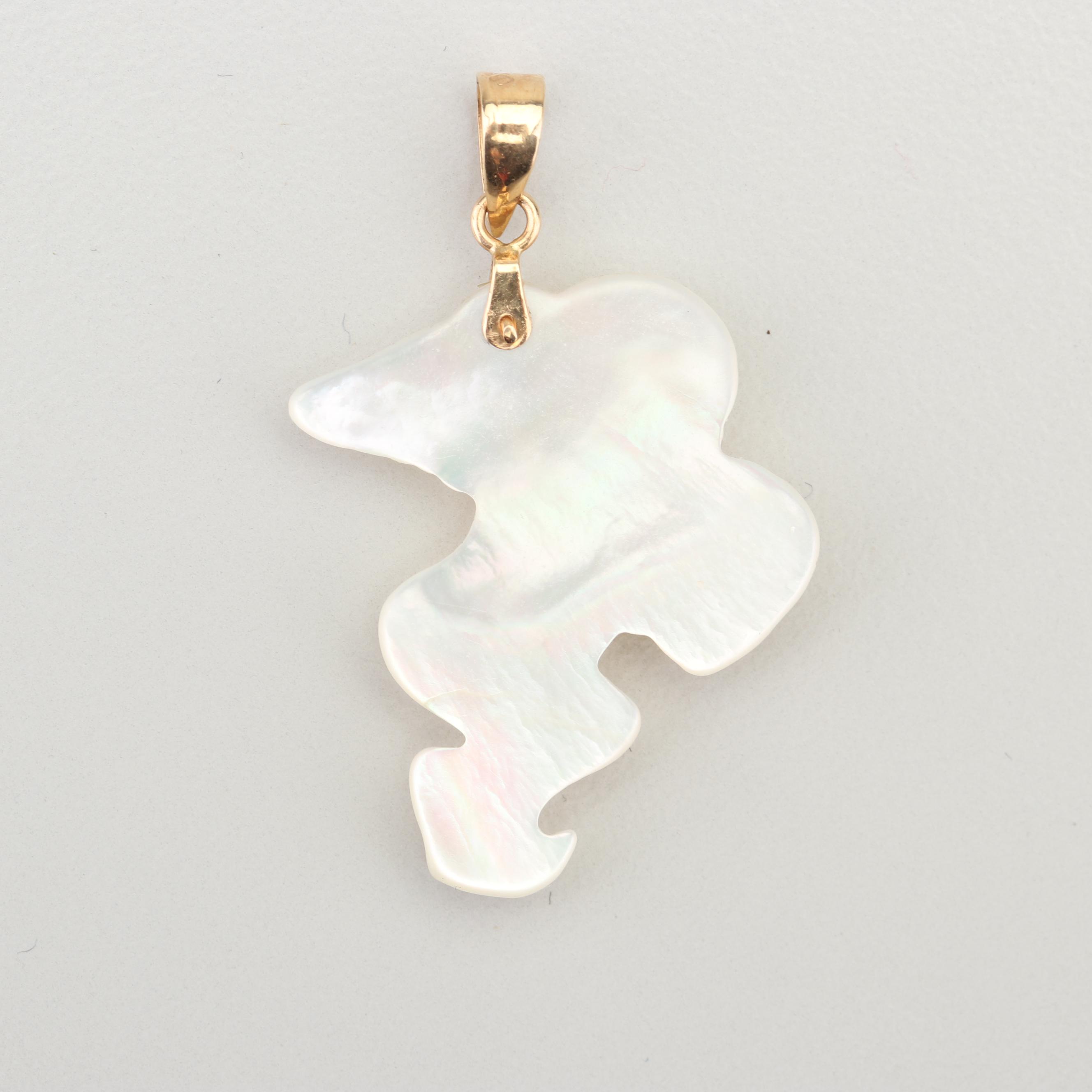 14K Yellow Gold and Carved Mother of Pearl Angel Pendant