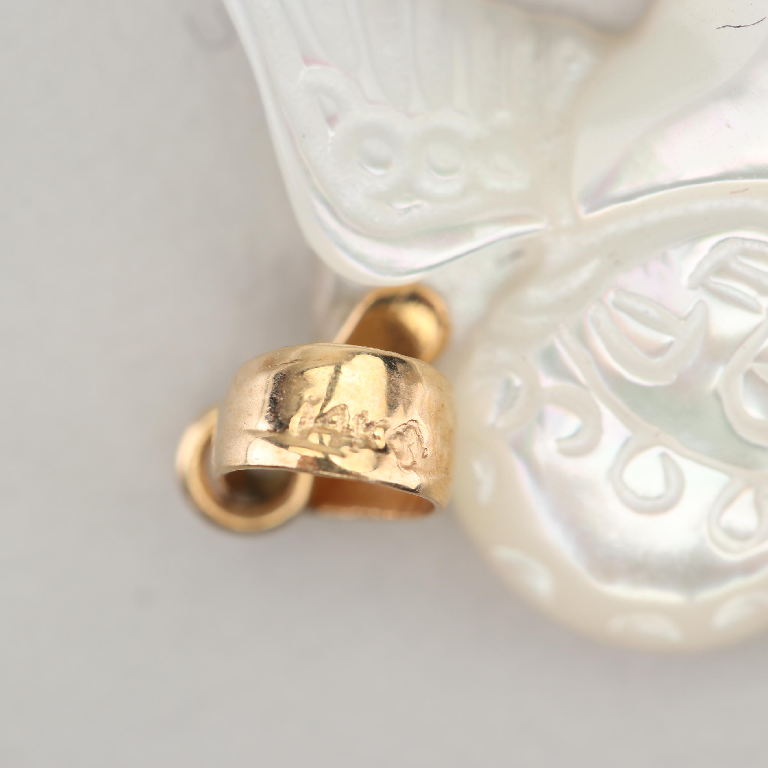 14K Yellow Gold and Carved Mother of Pearl Angel Pendant