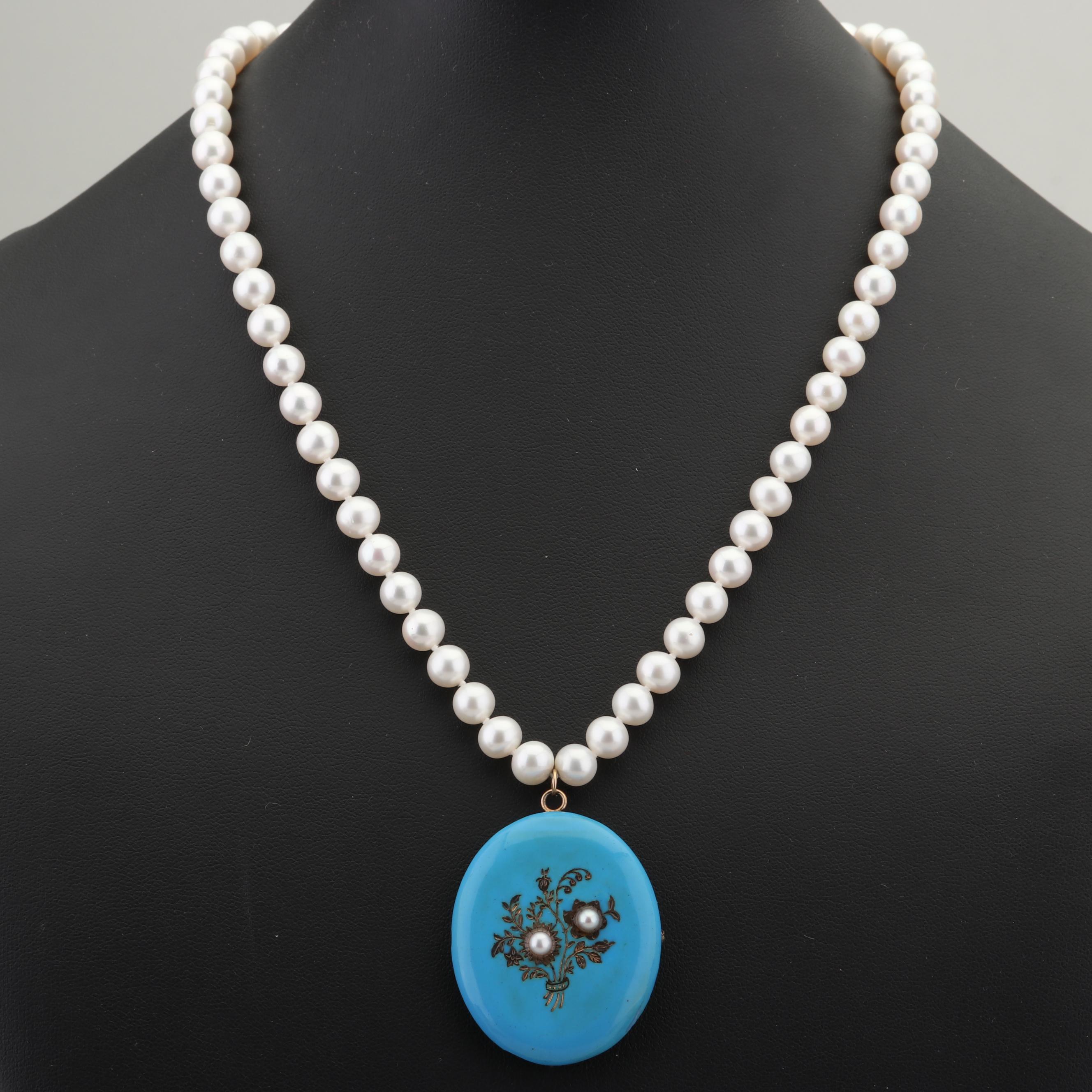 Freshwater Pearl Necklace with Enameled Pendant and 14K Yellow Gold Clasp
