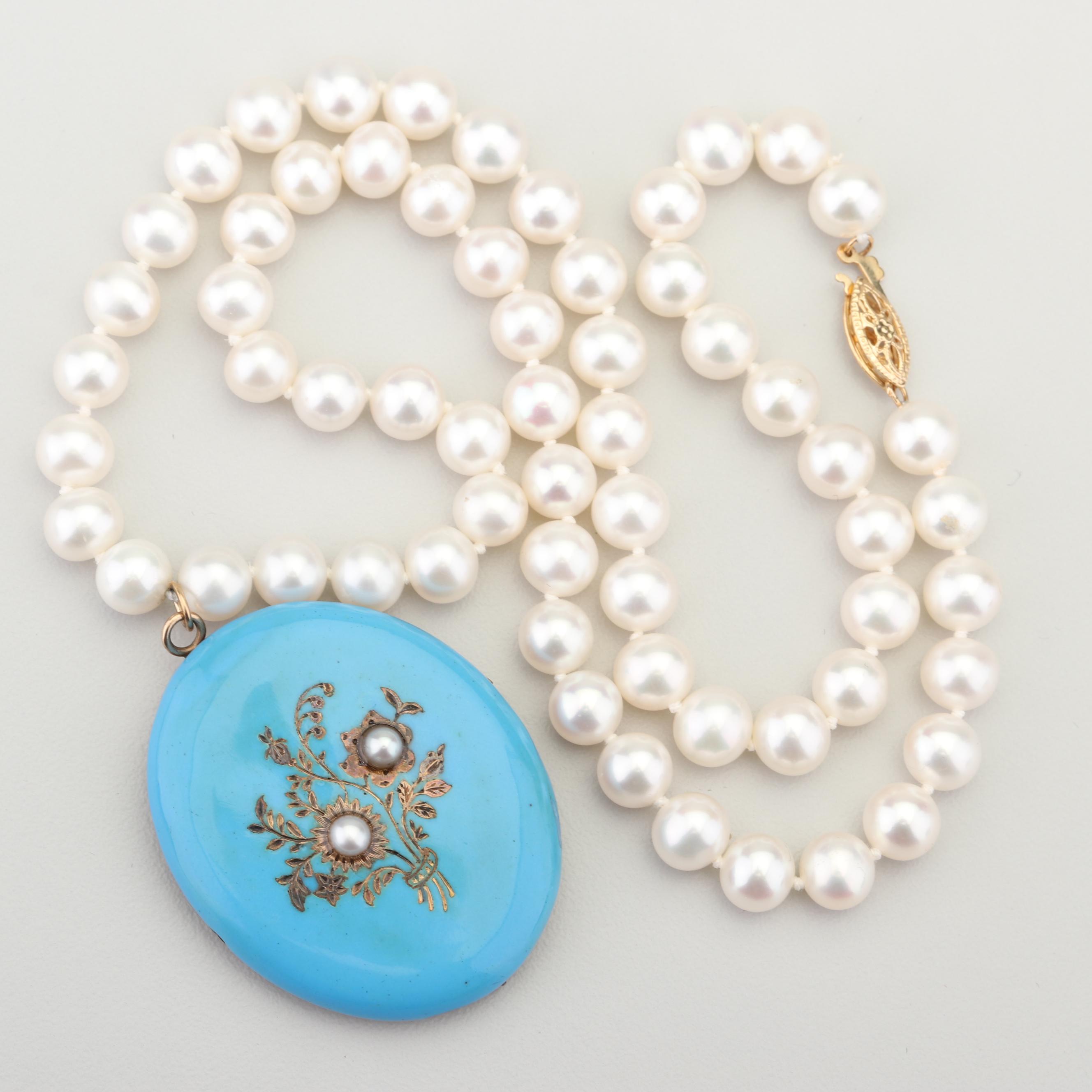 Freshwater Pearl Necklace with Enameled Pendant and 14K Yellow Gold Clasp