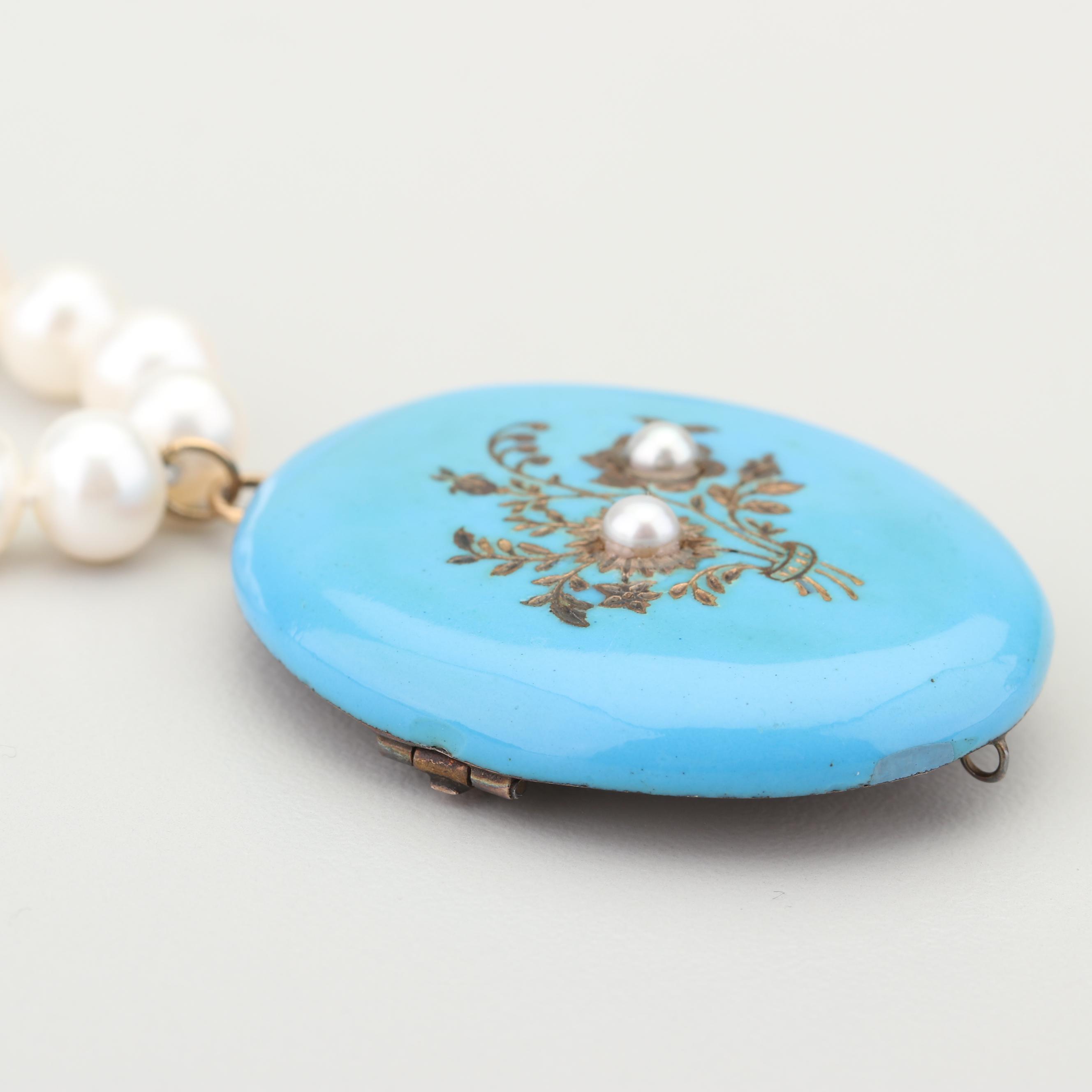 Freshwater Pearl Necklace with Enameled Pendant and 14K Yellow Gold Clasp