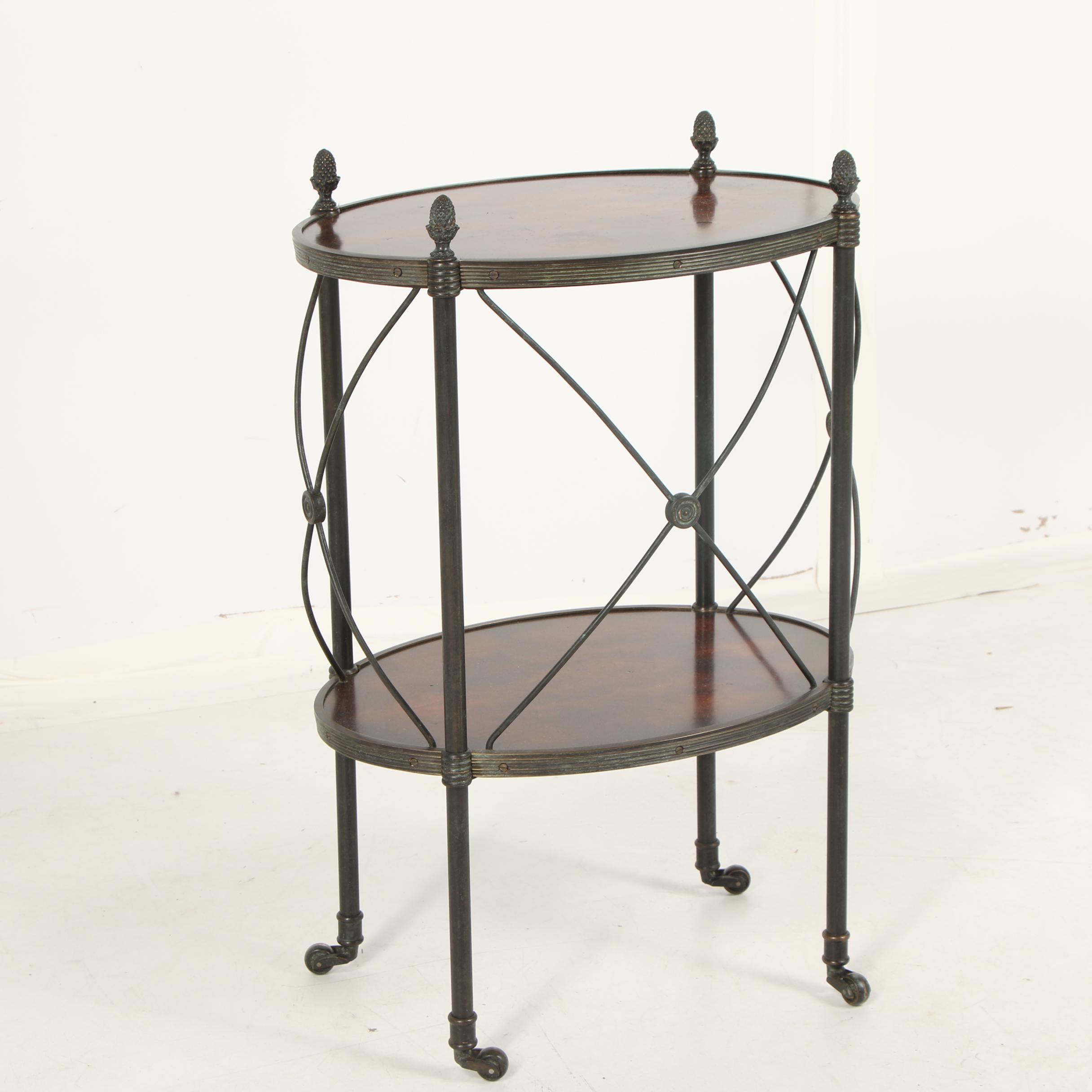 Italian Stained Oak and Metal Two-Tier Side Table on Casters, Late 20th Century