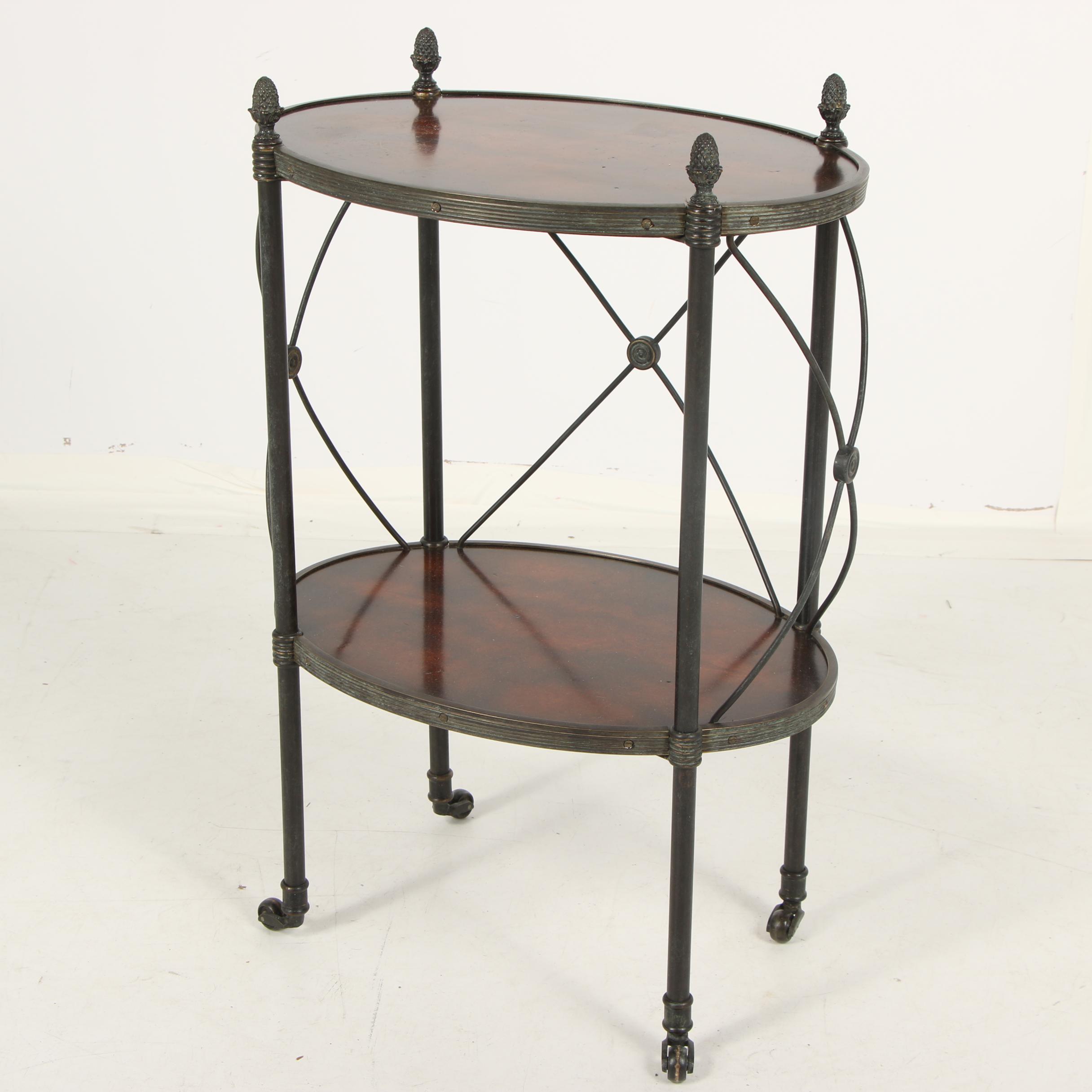 Italian Stained Oak and Metal Two-Tier Side Table on Casters, Late 20th Century