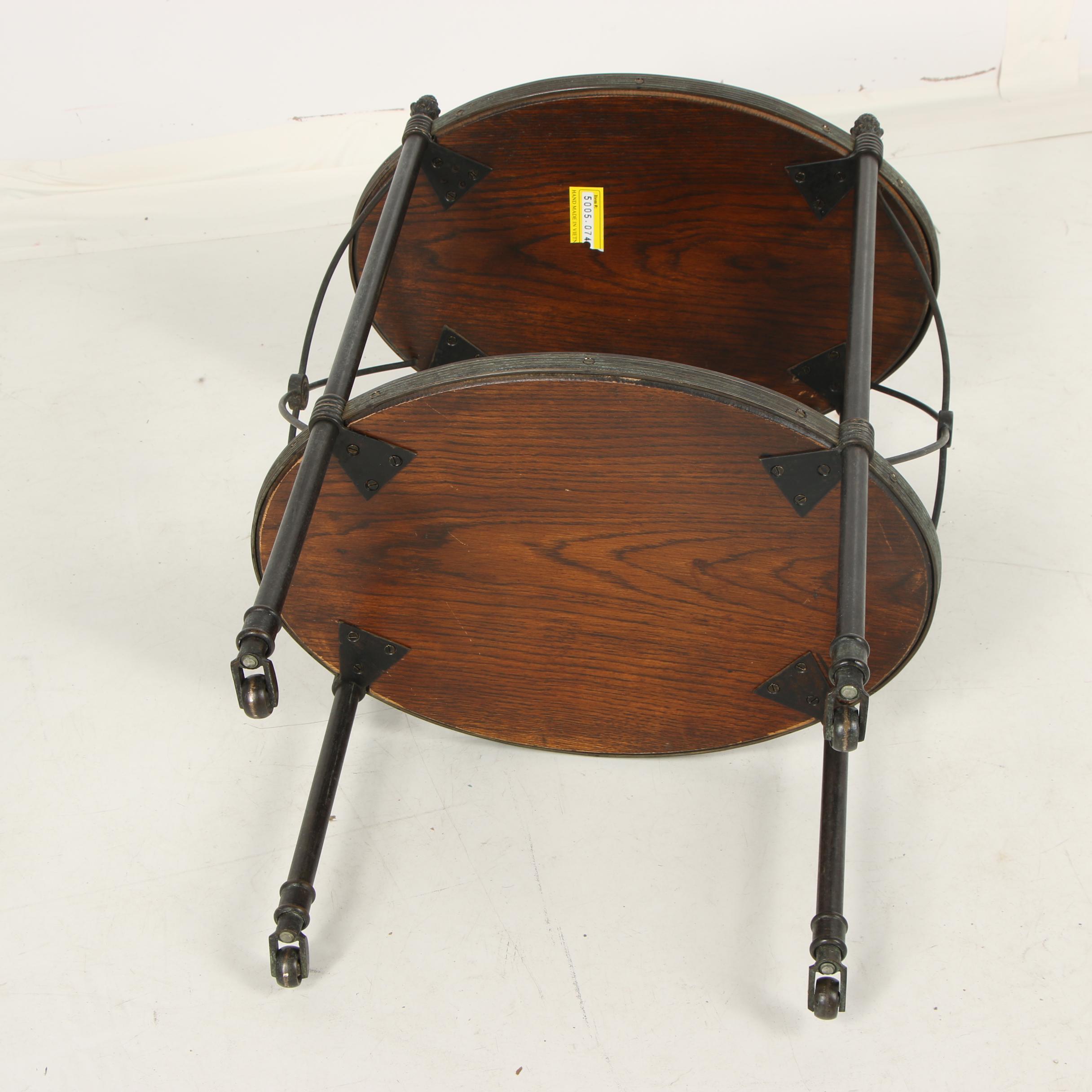 Italian Stained Oak and Metal Two-Tier Side Table on Casters, Late 20th Century