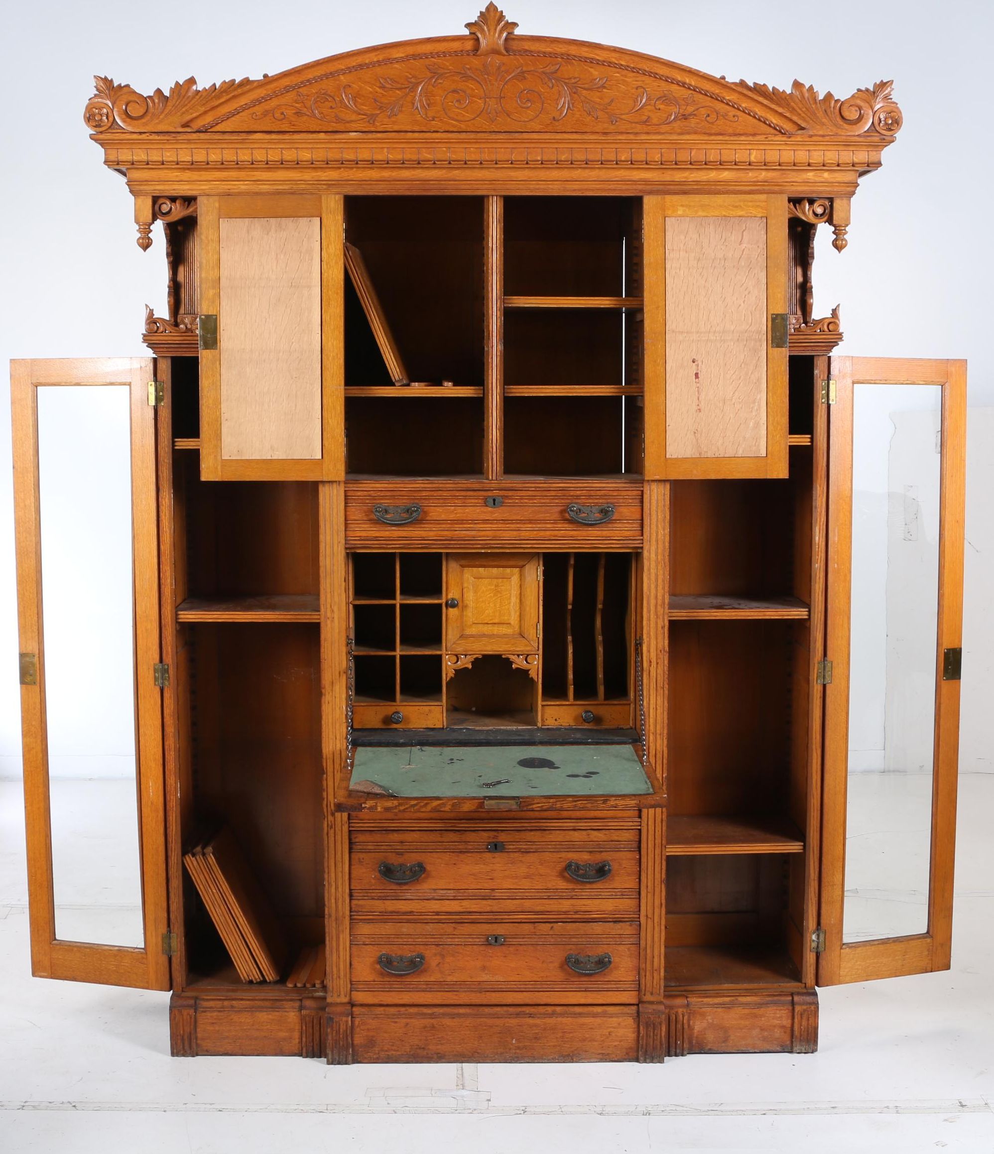 Victorian Carved Oak Double Side-By-Side Secretary Bookcase, Late 19th Century